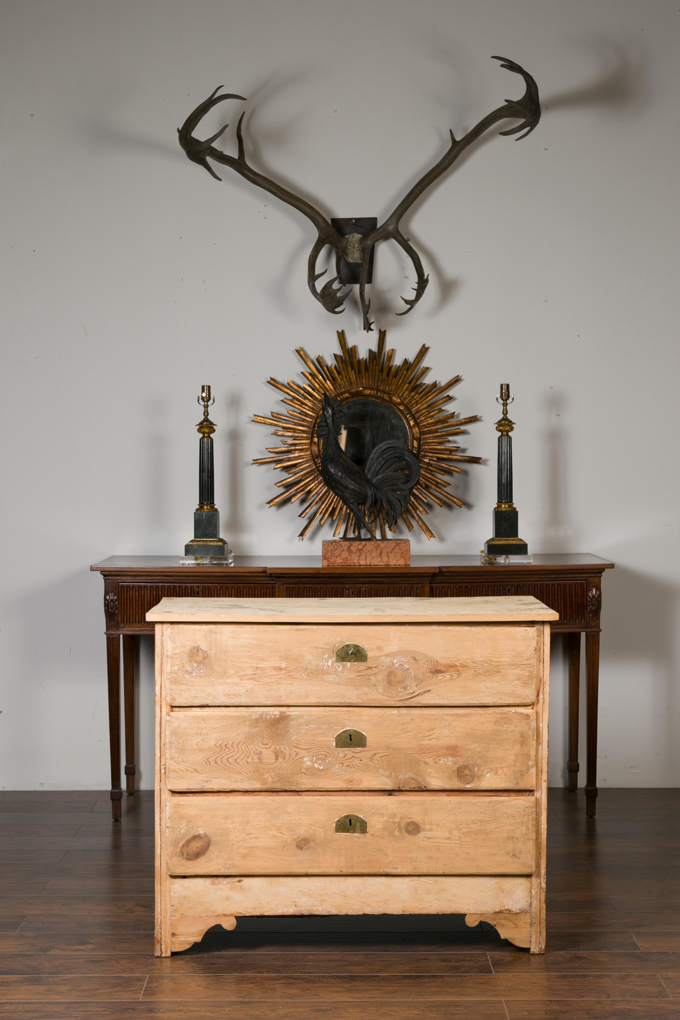 French Rustic 1880s Bleached Pine Three-Drawer Commode with Carved Spandrels In Good Condition For Sale In Atlanta, GA