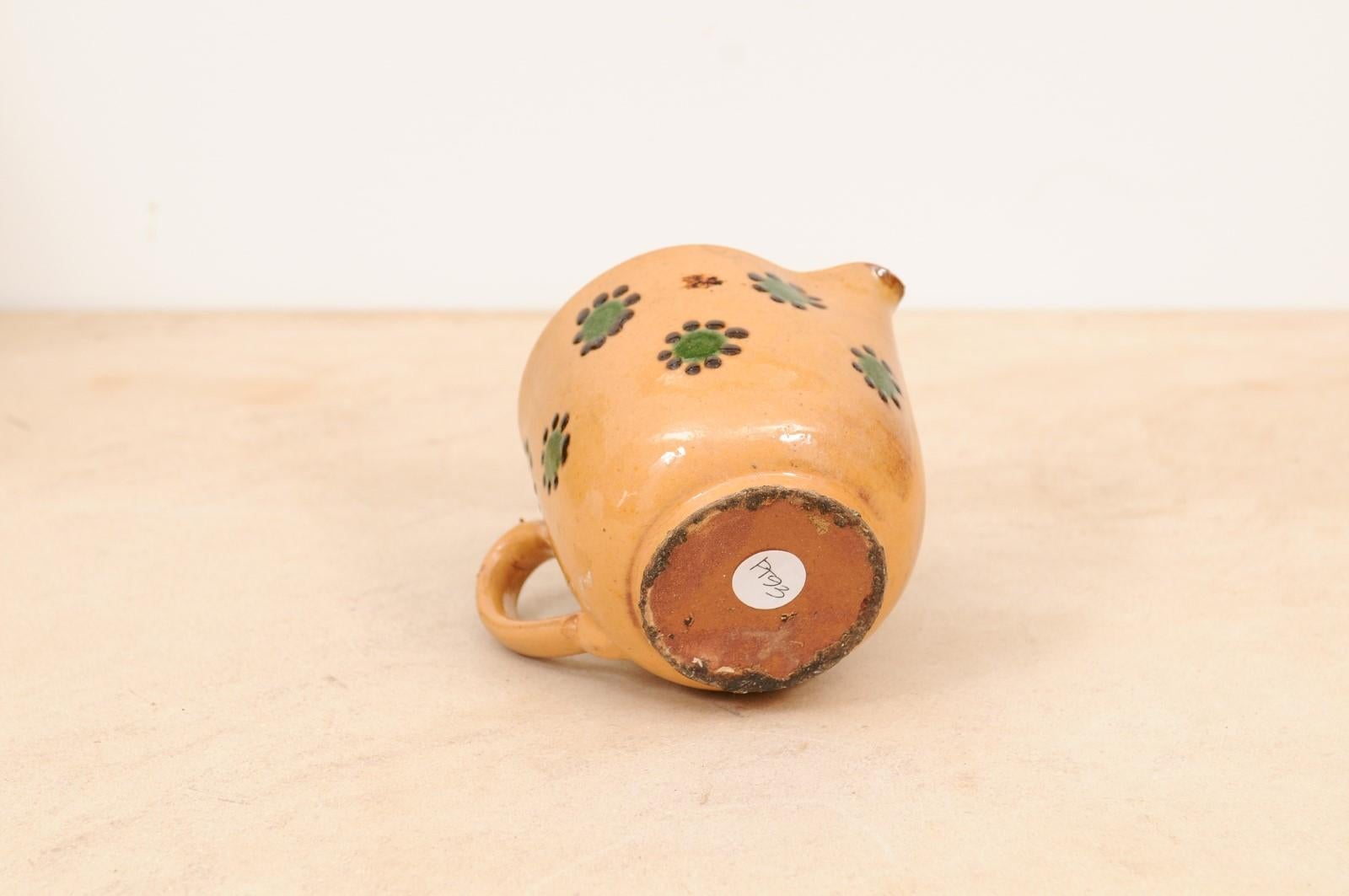 French Rustic 19th Century Peach Glazed Pitcher with Green and Chocolate Décor For Sale 8