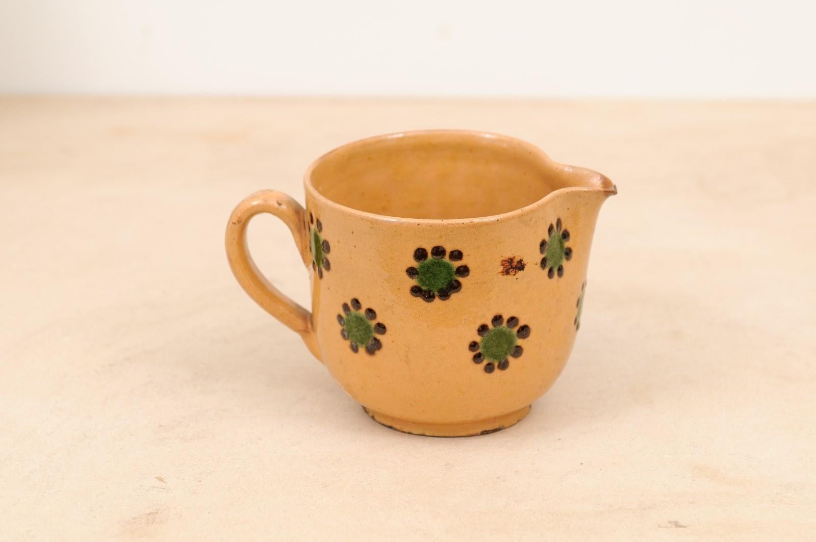 Pottery French Rustic 19th Century Peach Glazed Pitcher with Green and Chocolate Décor For Sale