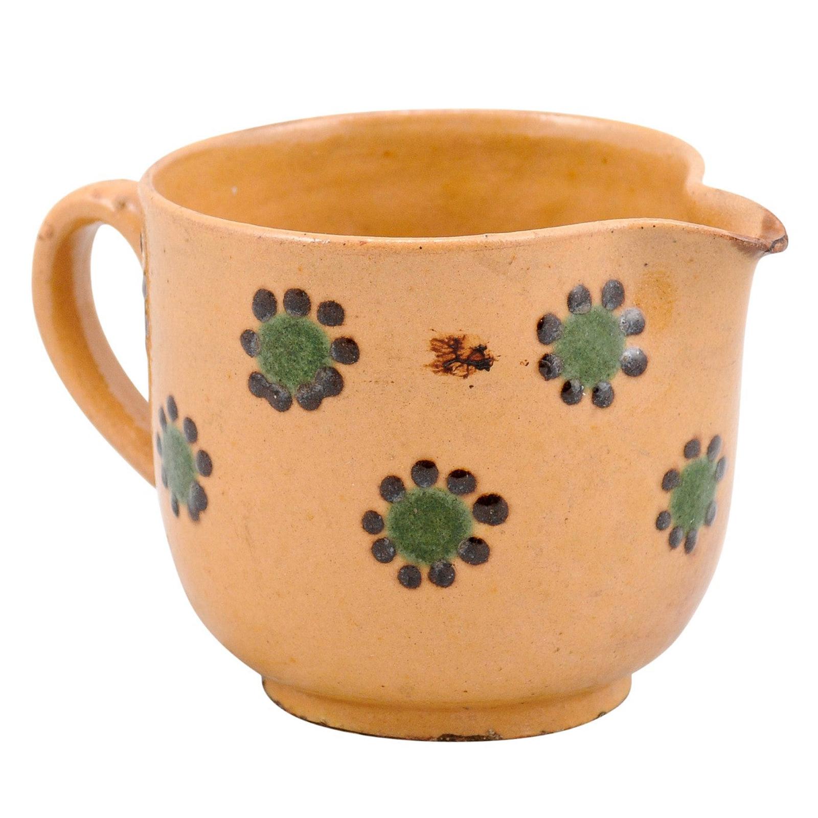 French Rustic 19th Century Peach Glazed Pitcher with Green and Chocolate Décor For Sale