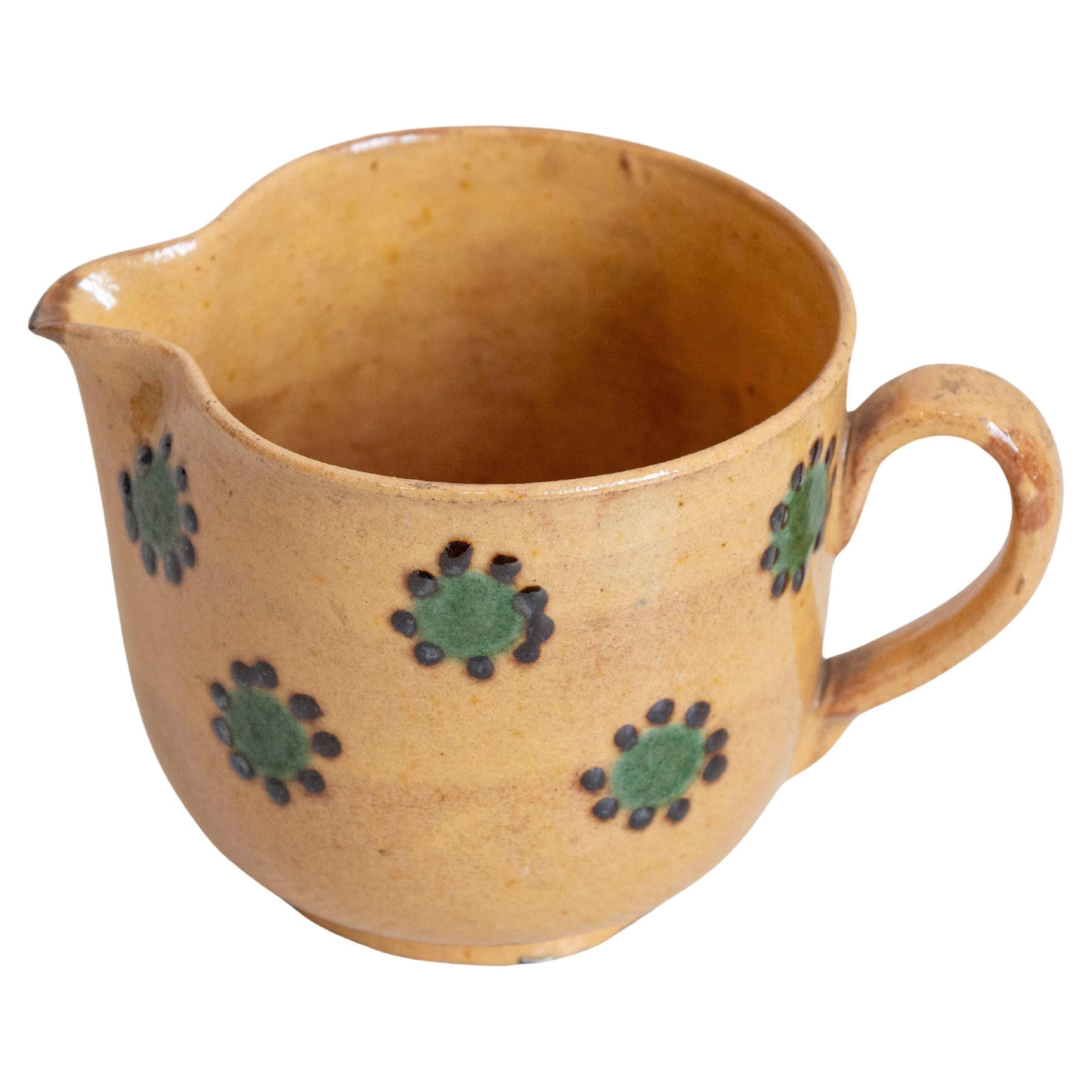 French Rustic 19th Century Peach Glazed Pitcher with Green and Chocolate Décor