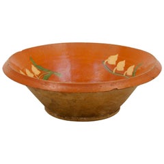 French Rustic 19th Century Redware Deep Bowl with Lily of the Valley Décor