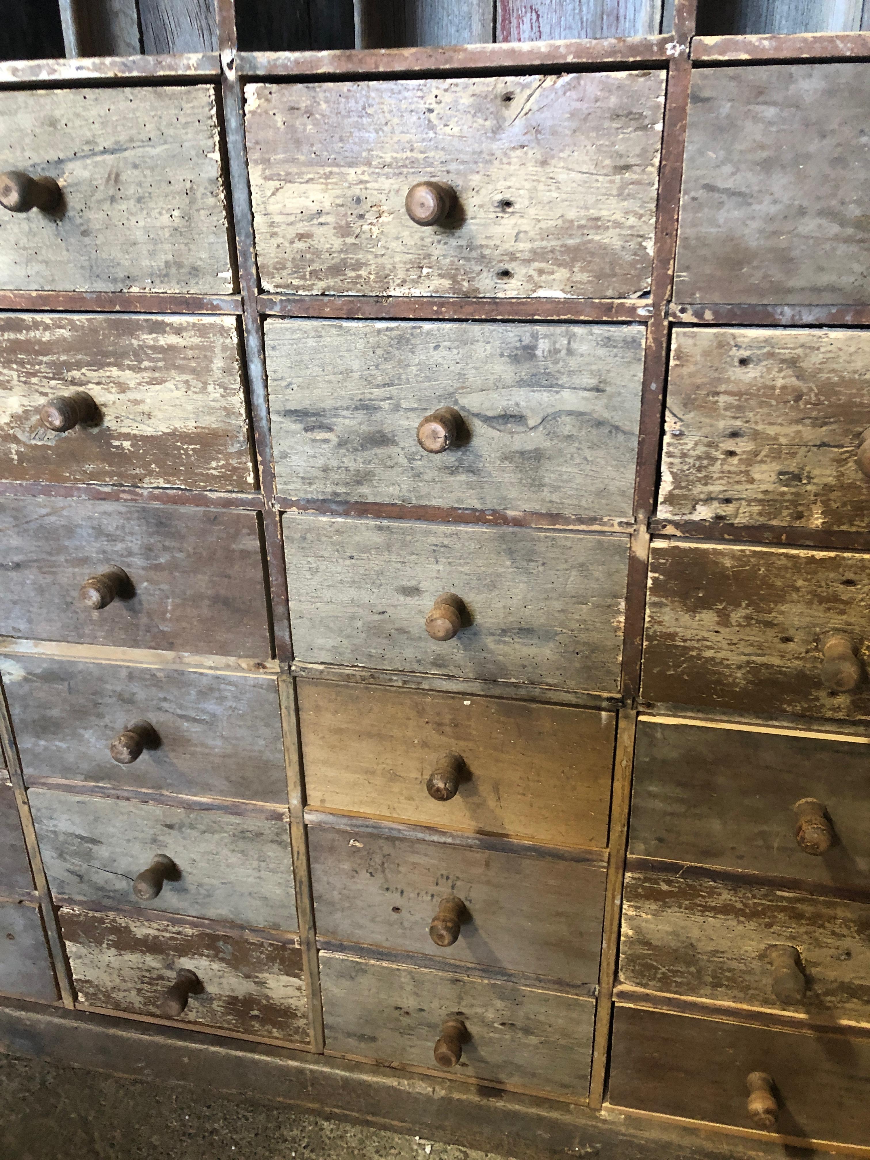 French Antique Rustic 24 Drawer and Multiple Cubbie Cabinet In Distressed Condition In Hopewell, NJ