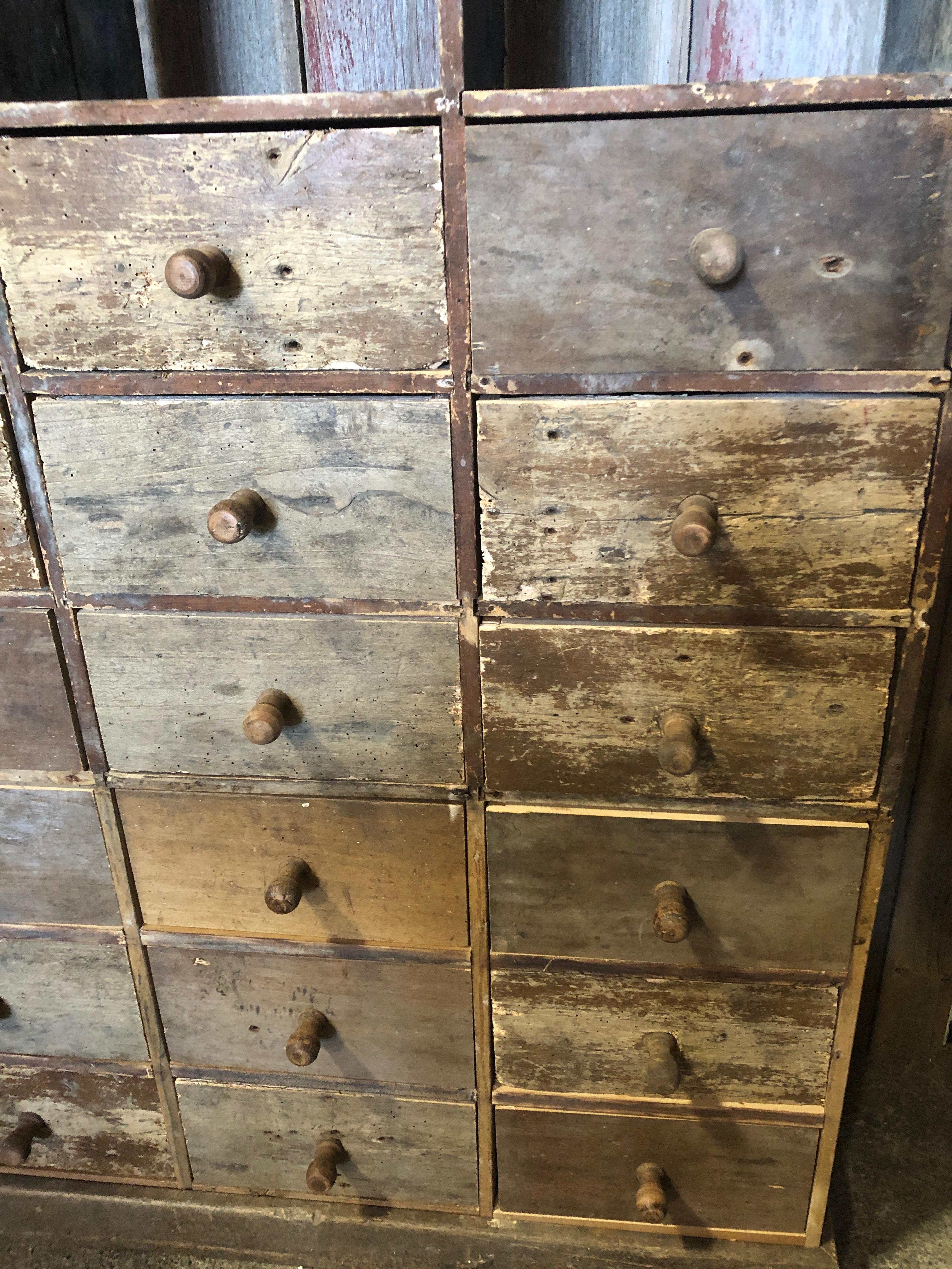 Mid-20th Century French Antique Rustic 24 Drawer and Multiple Cubbie Cabinet