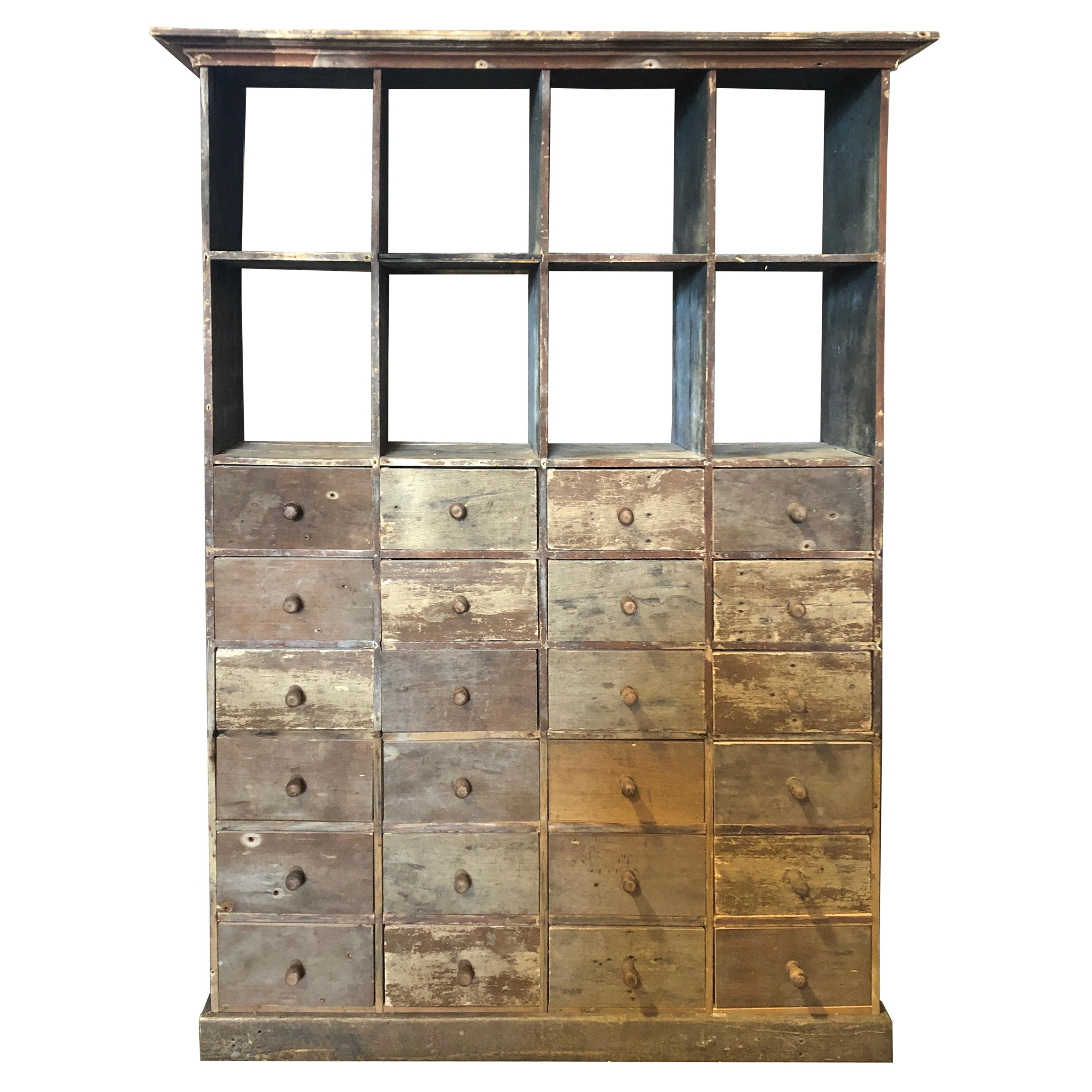 French Antique Rustic 24 Drawer and Multiple Cubbie Cabinet