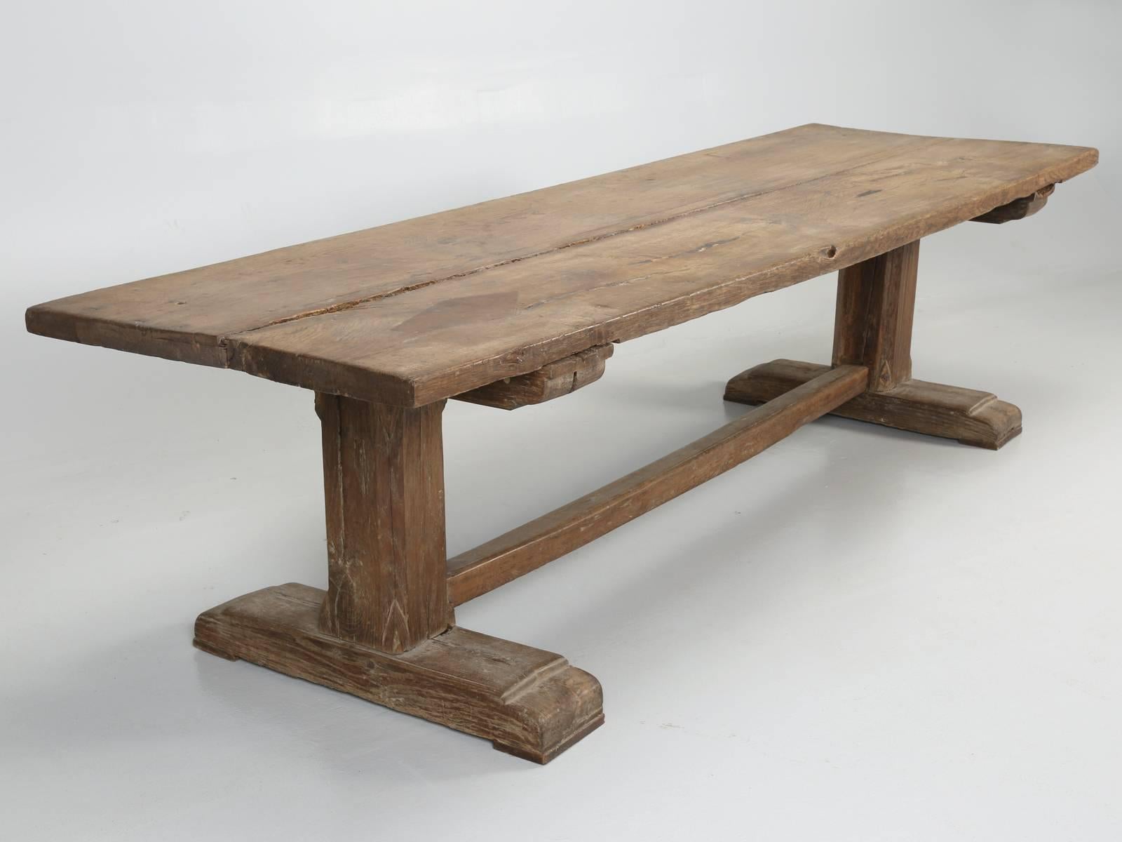 French Rustic Ancient Farm House Trestle Dining Table In Distressed Condition In Chicago, IL