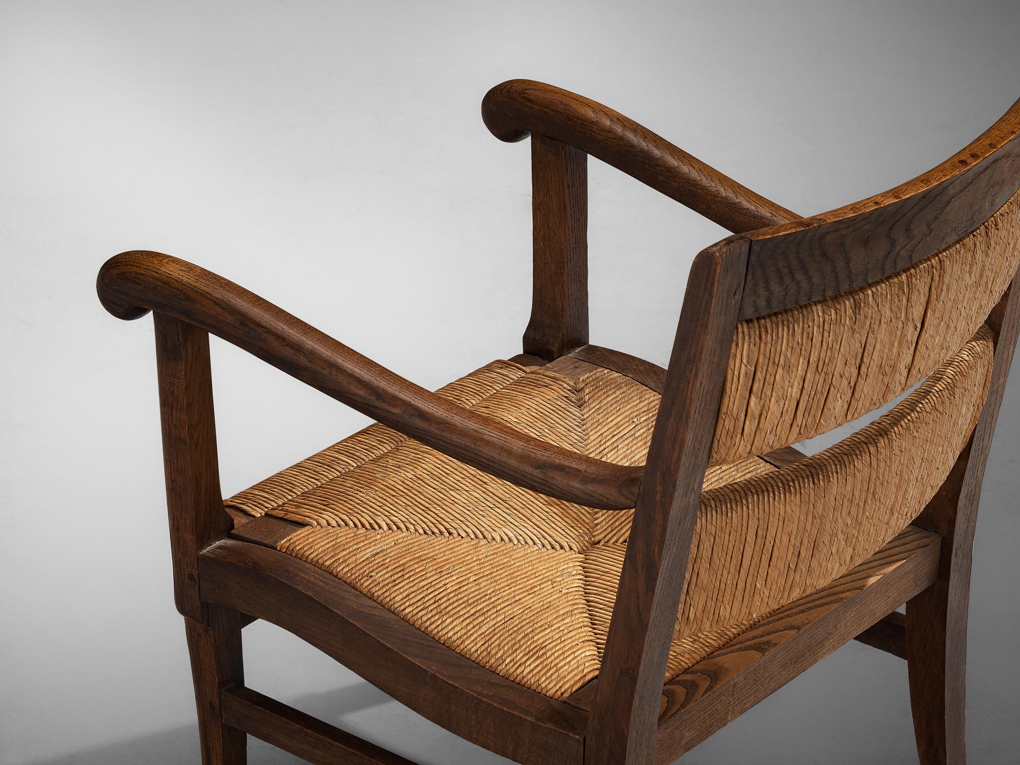 Sillón rústico francés de junco y madera Años 50 en Bueno estado para la venta en Waalwijk, NL