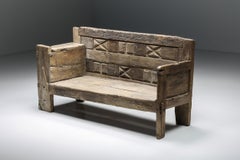 French Rustic Bench with Hand-Carved Details, 1800s
