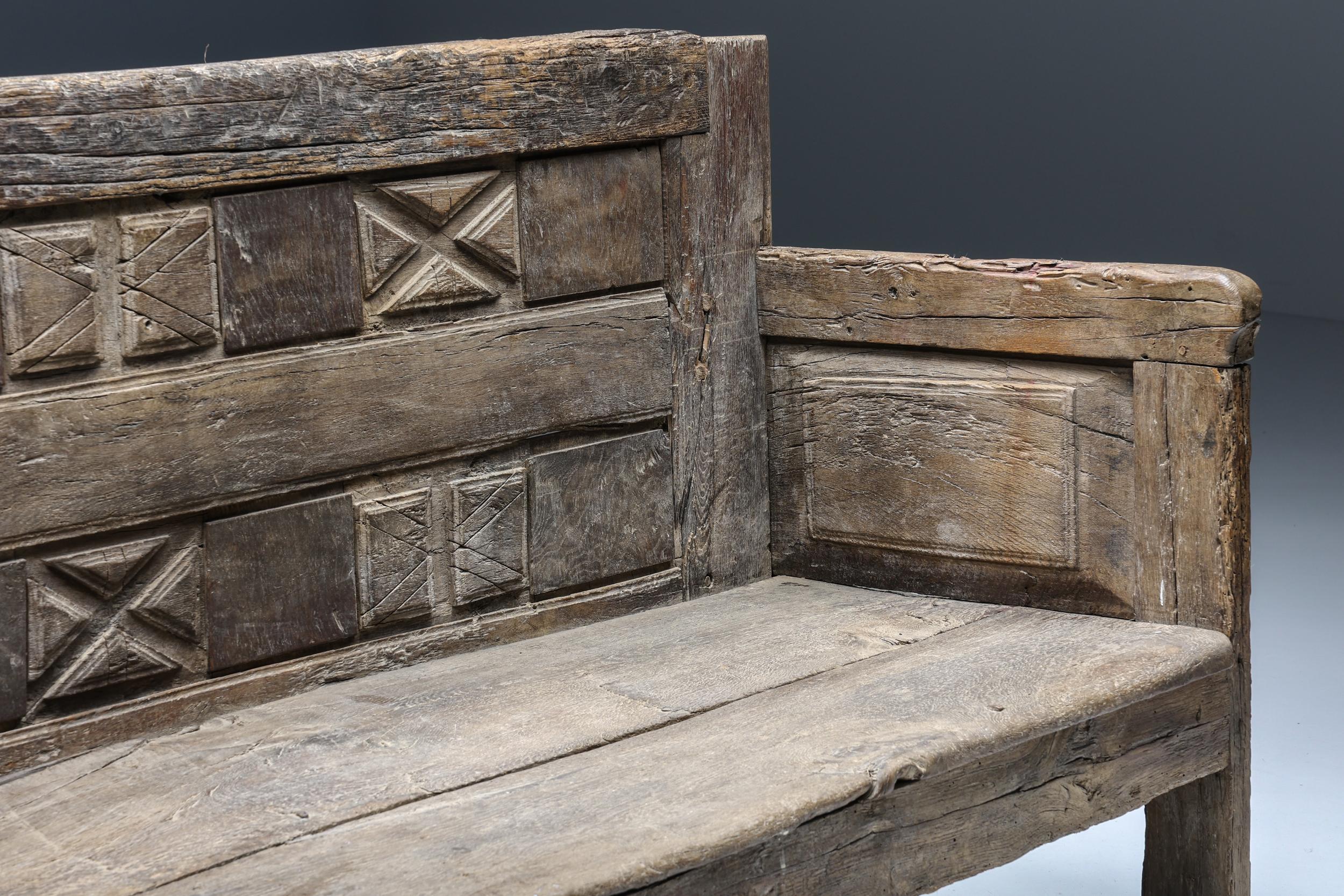 Wood French Rustic Bench with Hand-Carved Details, 1800s