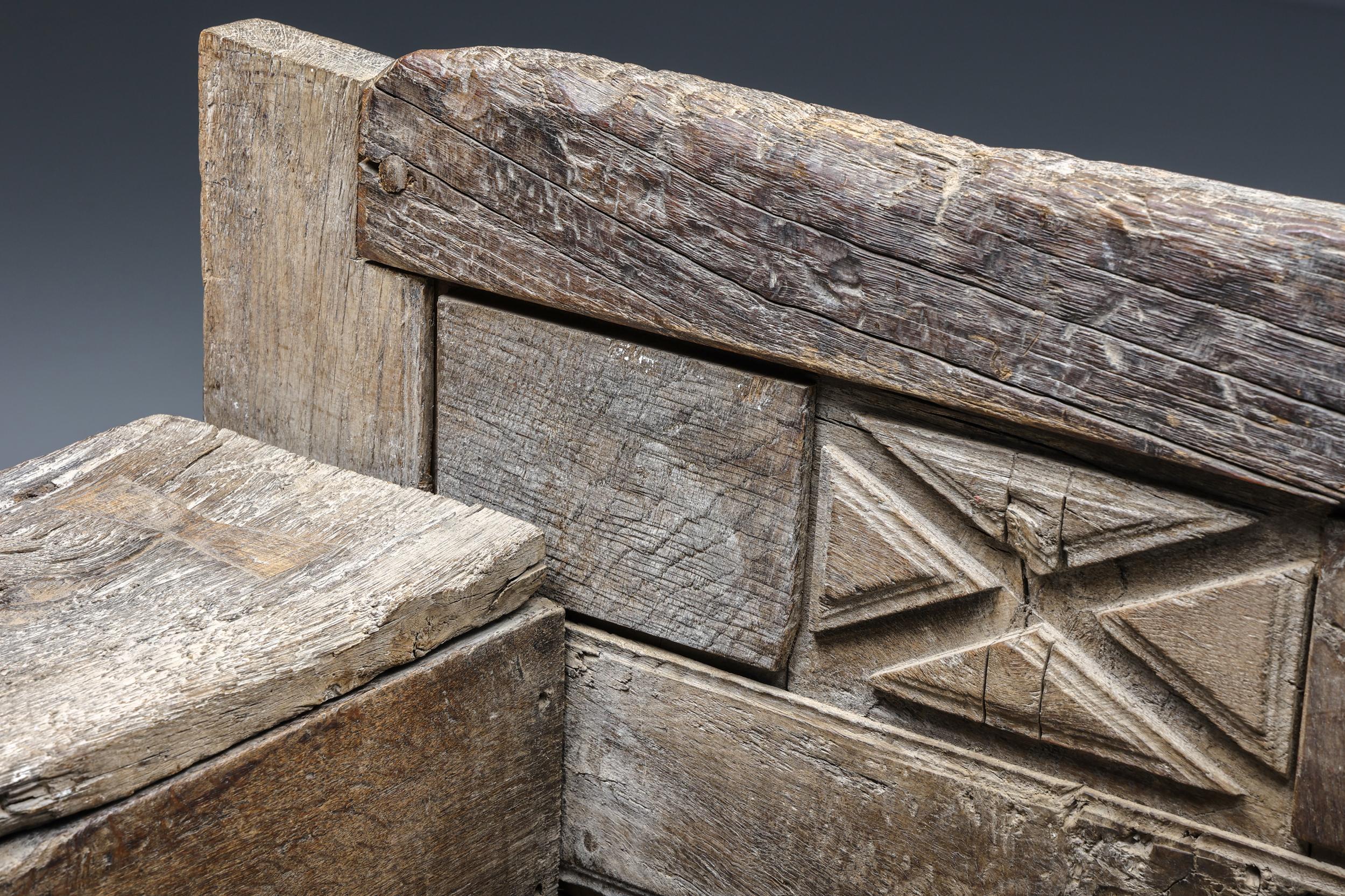 French Rustic Bench with Hand-Carved Details, 1800s 1