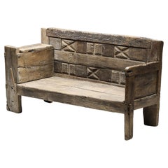 French Rustic Bench with Hand-Carved Details, 1800s