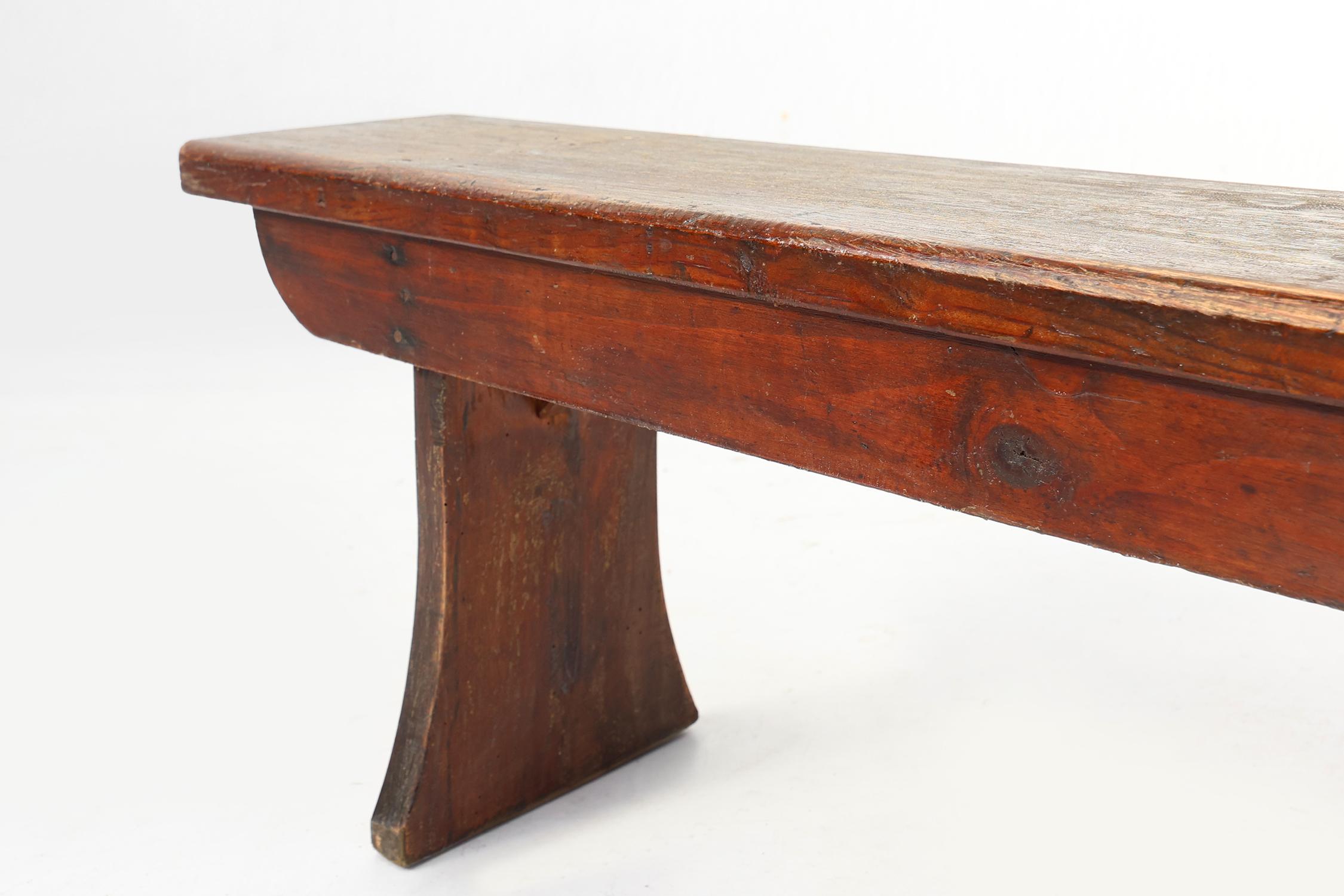France / 1900 / bench / oak wood / Rustic / Mid-century

A primitive rustic wooden (farmhouse) bench with old brown paint and beautiful patina due to age. Handmade in solid oak around 1900 in France. The seat made of one plank is supported by