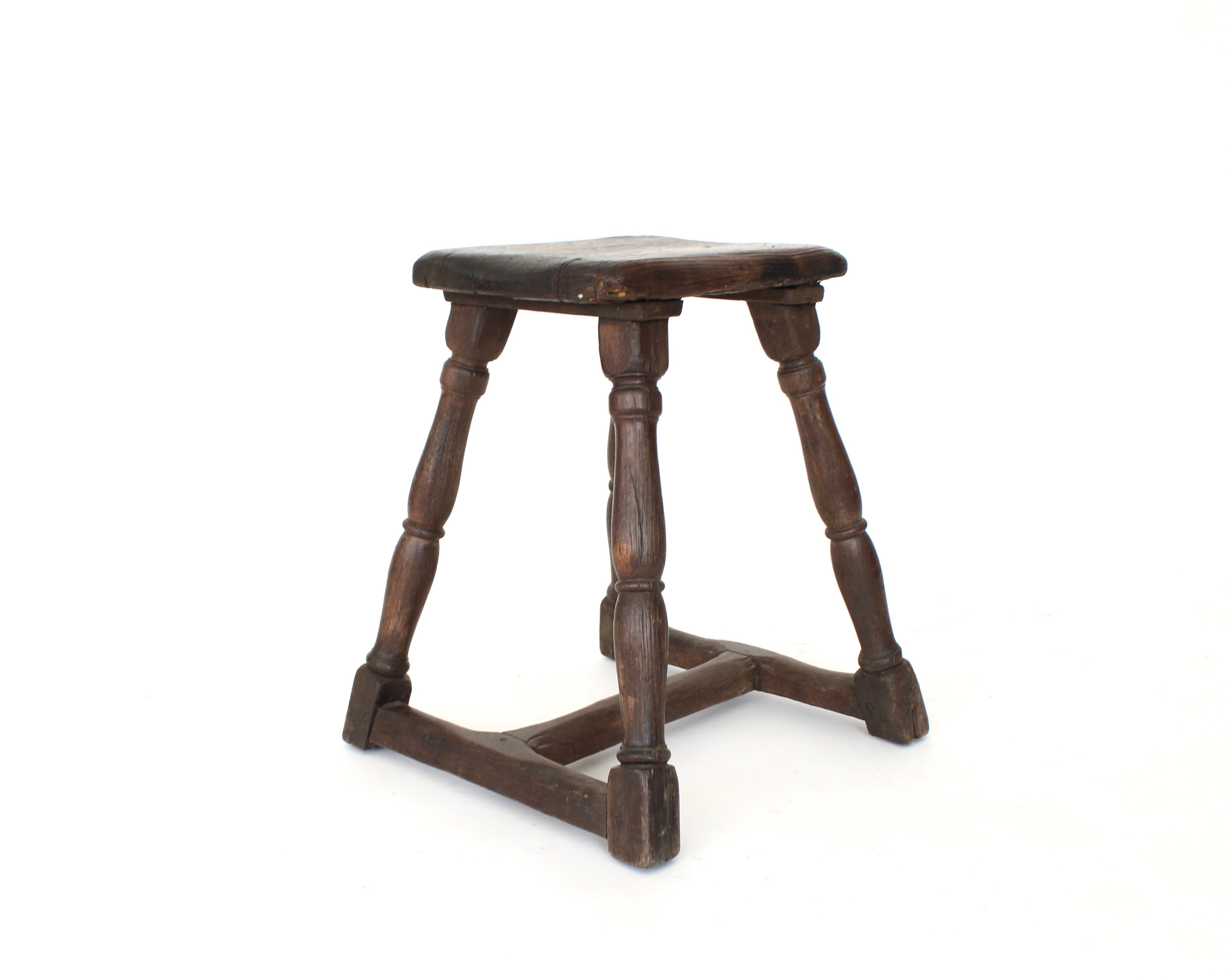 19th Century French Rustic Carved Chestnut Stool Brittany 19th c