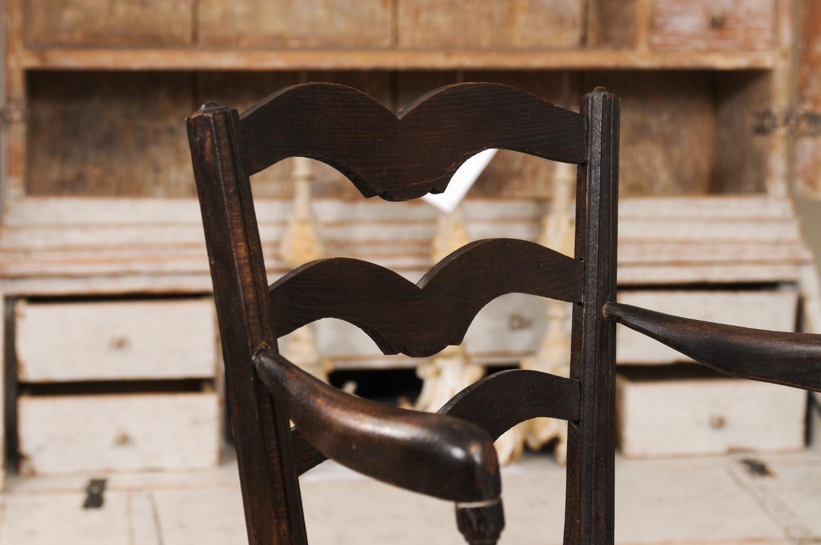 French Rustic Dark Oak 19th Century Child's Chair with Ladder Back and Rush Seat For Sale 9