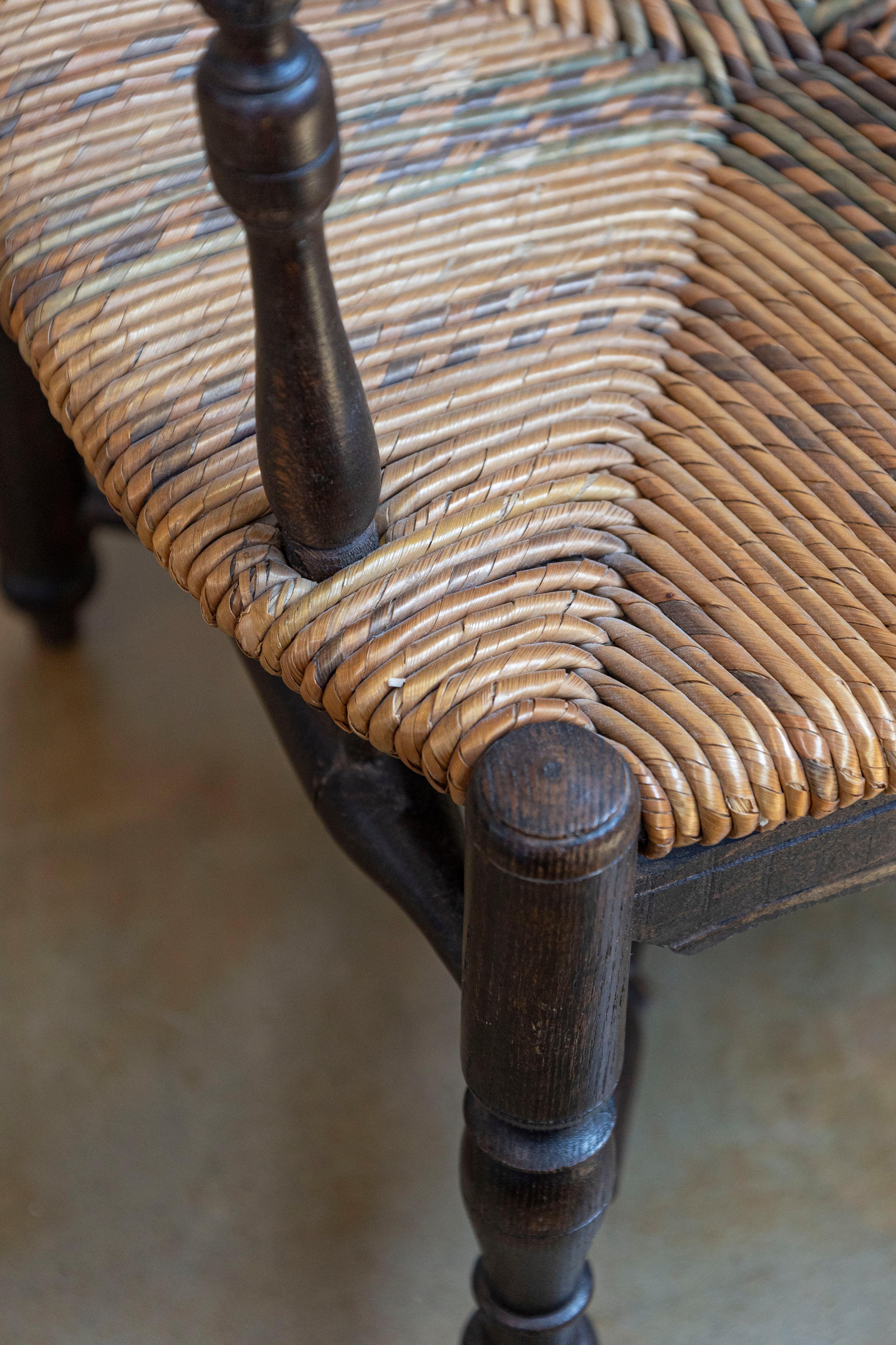 French Rustic Dark Oak 19th Century Child's Chair with Ladder Back and Rush Seat For Sale 3