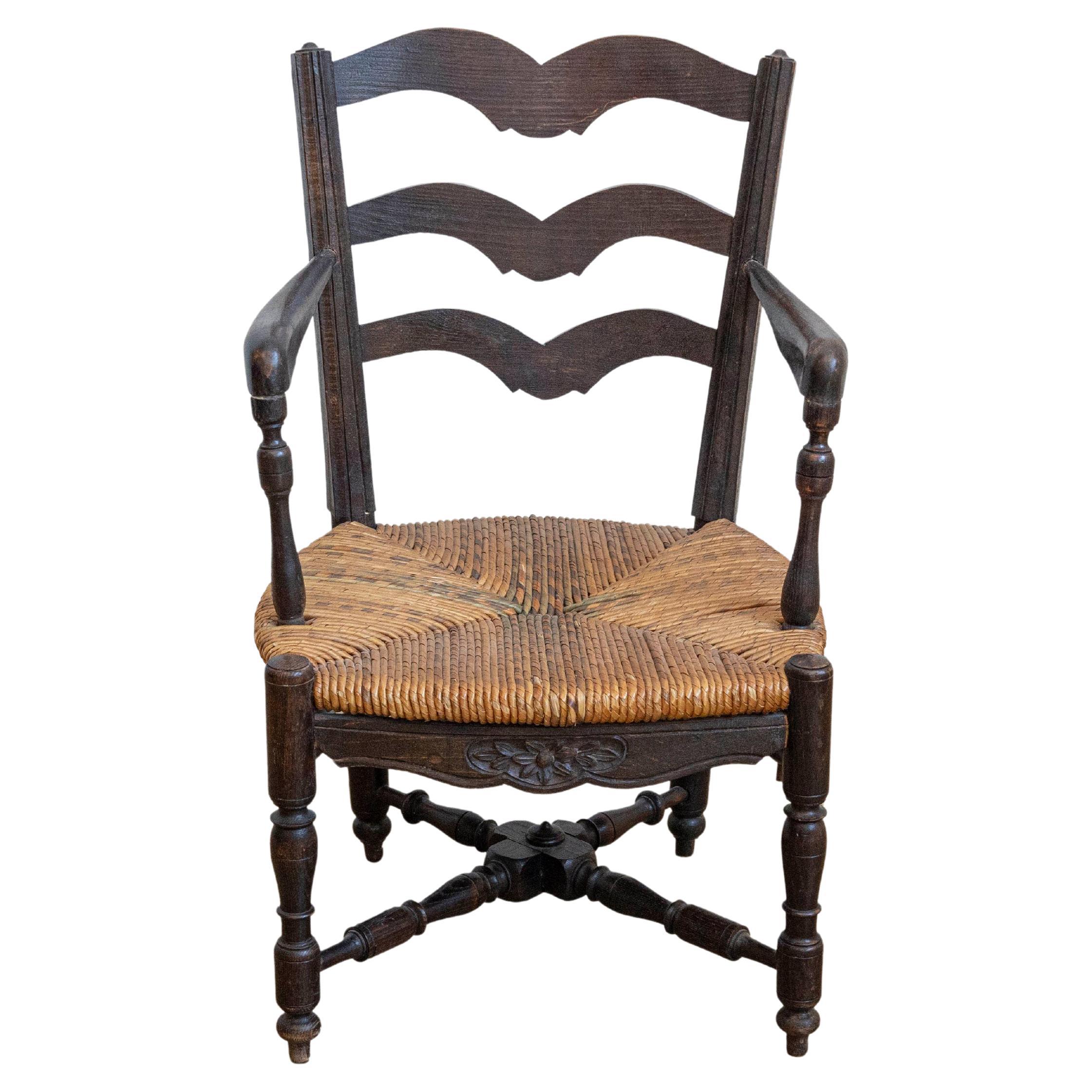 French Rustic Dark Oak 19th Century Child's Chair with Ladder Back and Rush Seat