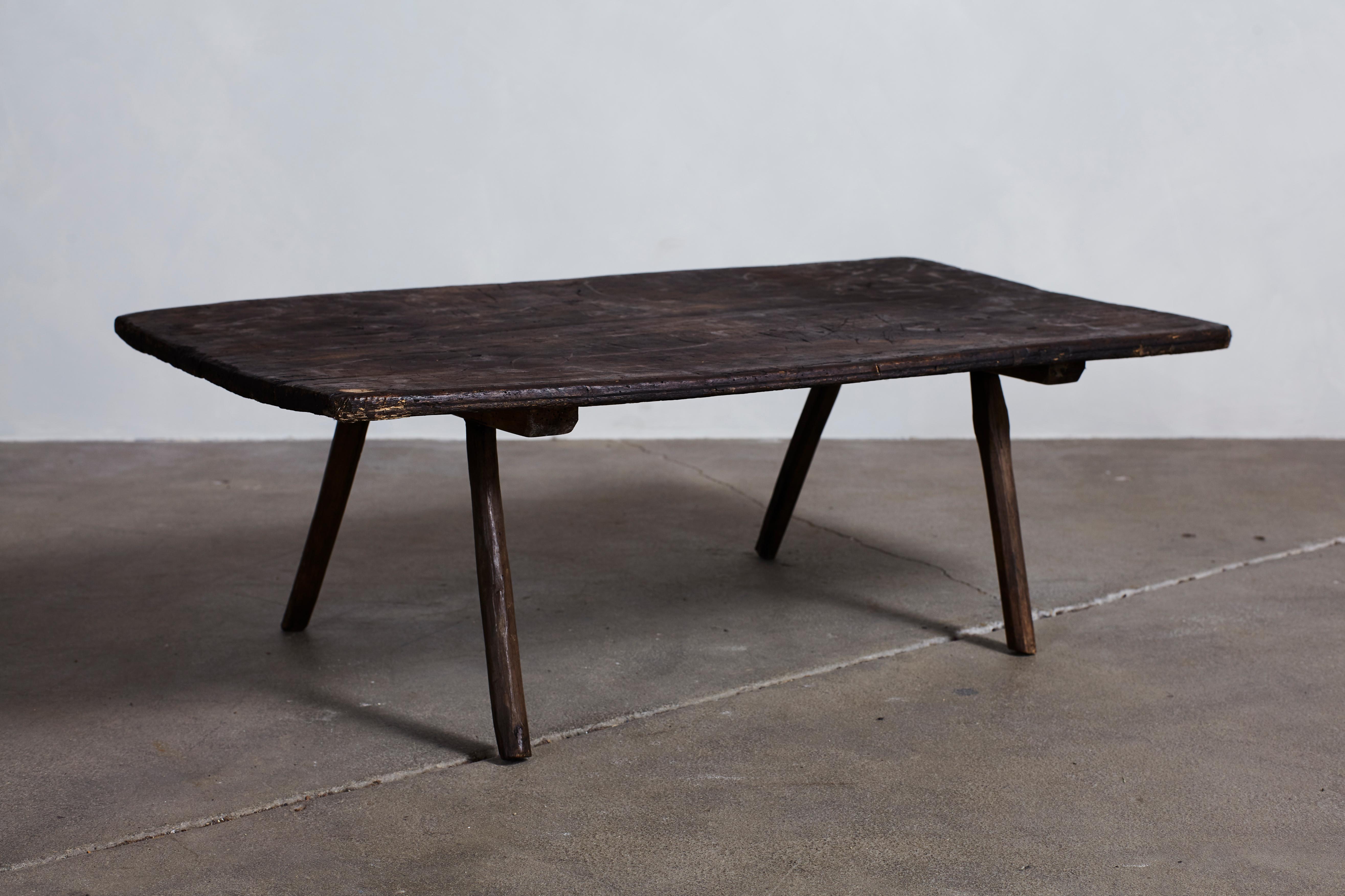 French Rustic Dark Wooden Low Table with Four Legs In Good Condition In Los Angeles, CA