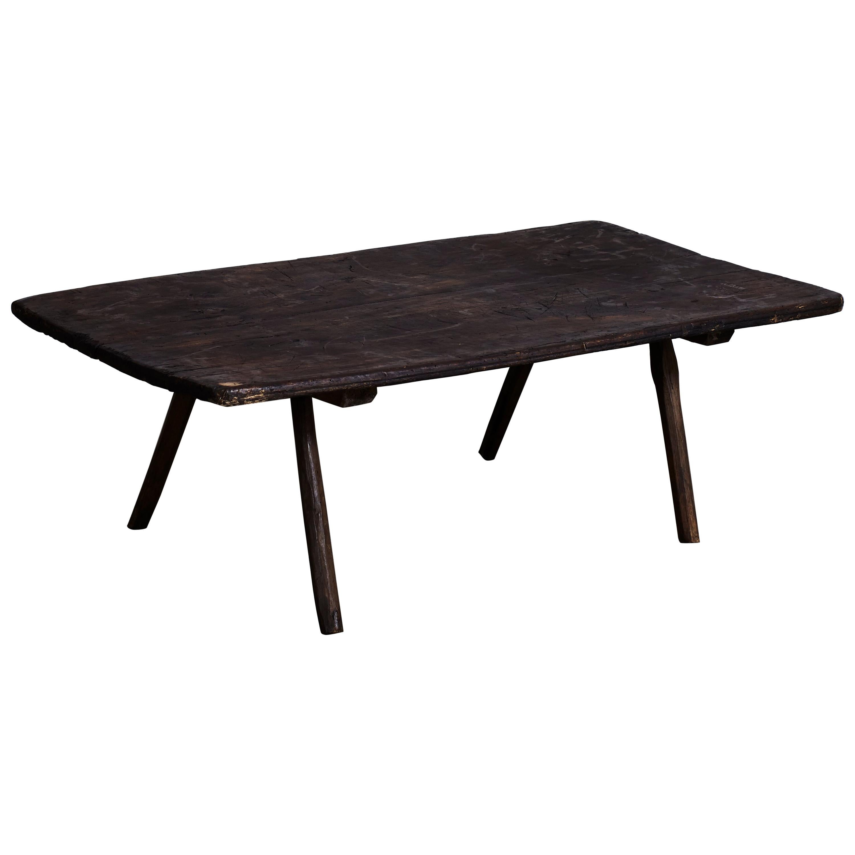 French Rustic Dark Wooden Low Table with Four Legs