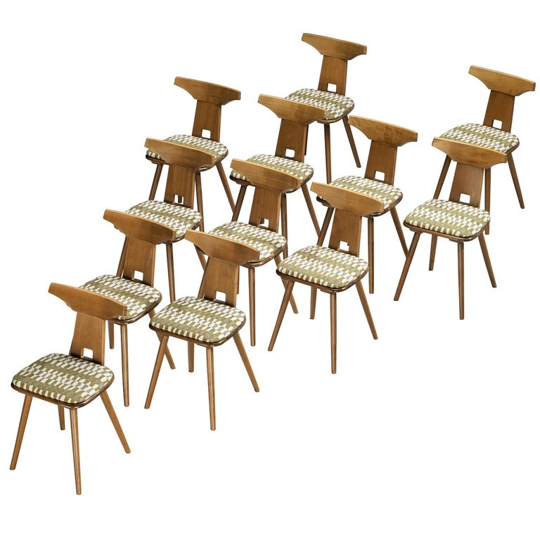 French Rustic Dining Chairs in Solid Wood with Seats in Patterned Multicolor Fabric