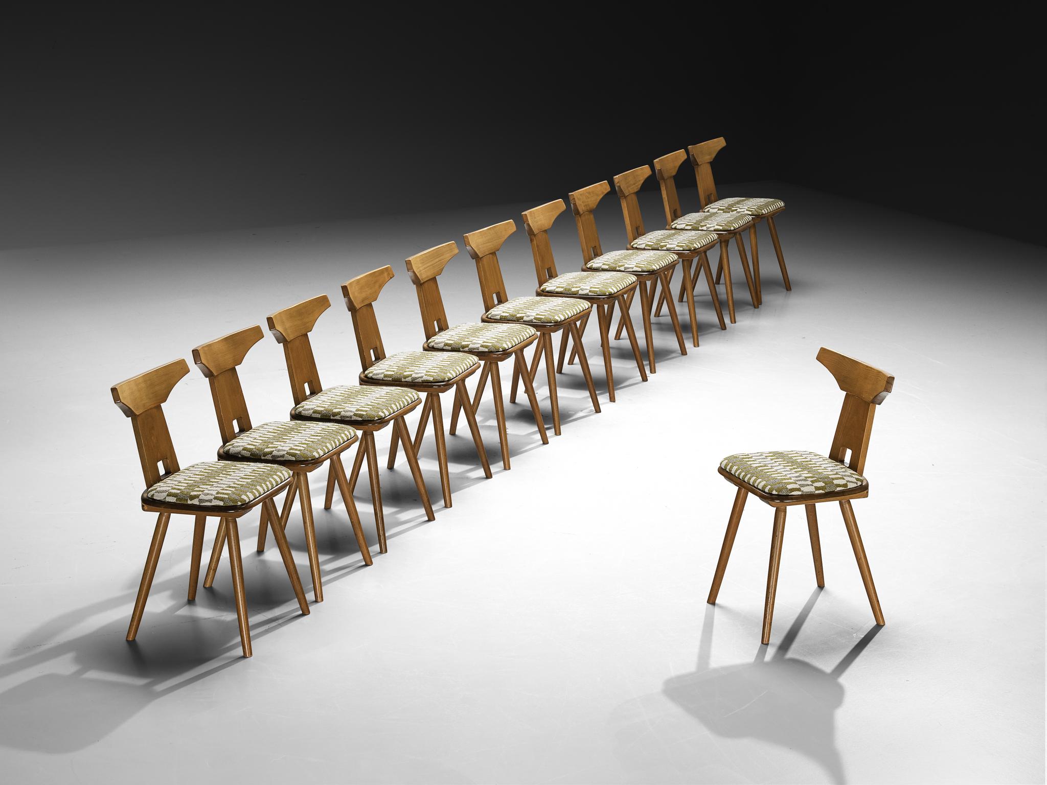 Sedie da pranzo in Wood massiccio con sedute in Fabrice multicolore a fantasia In condizioni buone in vendita a Waalwijk, NL