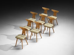 French Rustic Dining Chairs in Solid Wood with Seats in Patterned Multicolor Fabric