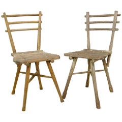 French Rustic Early 20th Century Handcrafted Chairs, Near Pair with Patina