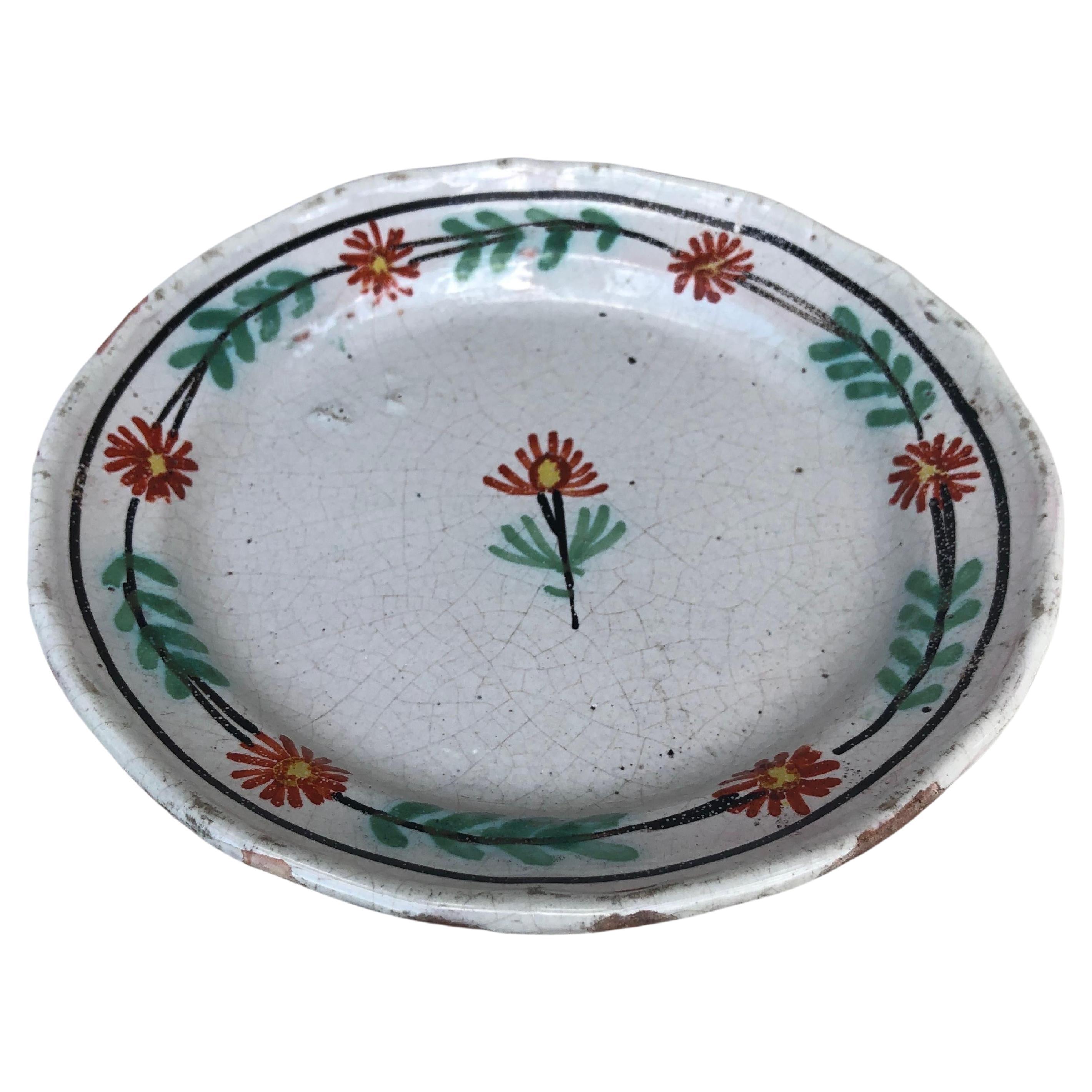 French Rustic Faience Flower Plate Circa 1890.
Normandy.
Mark on the back.