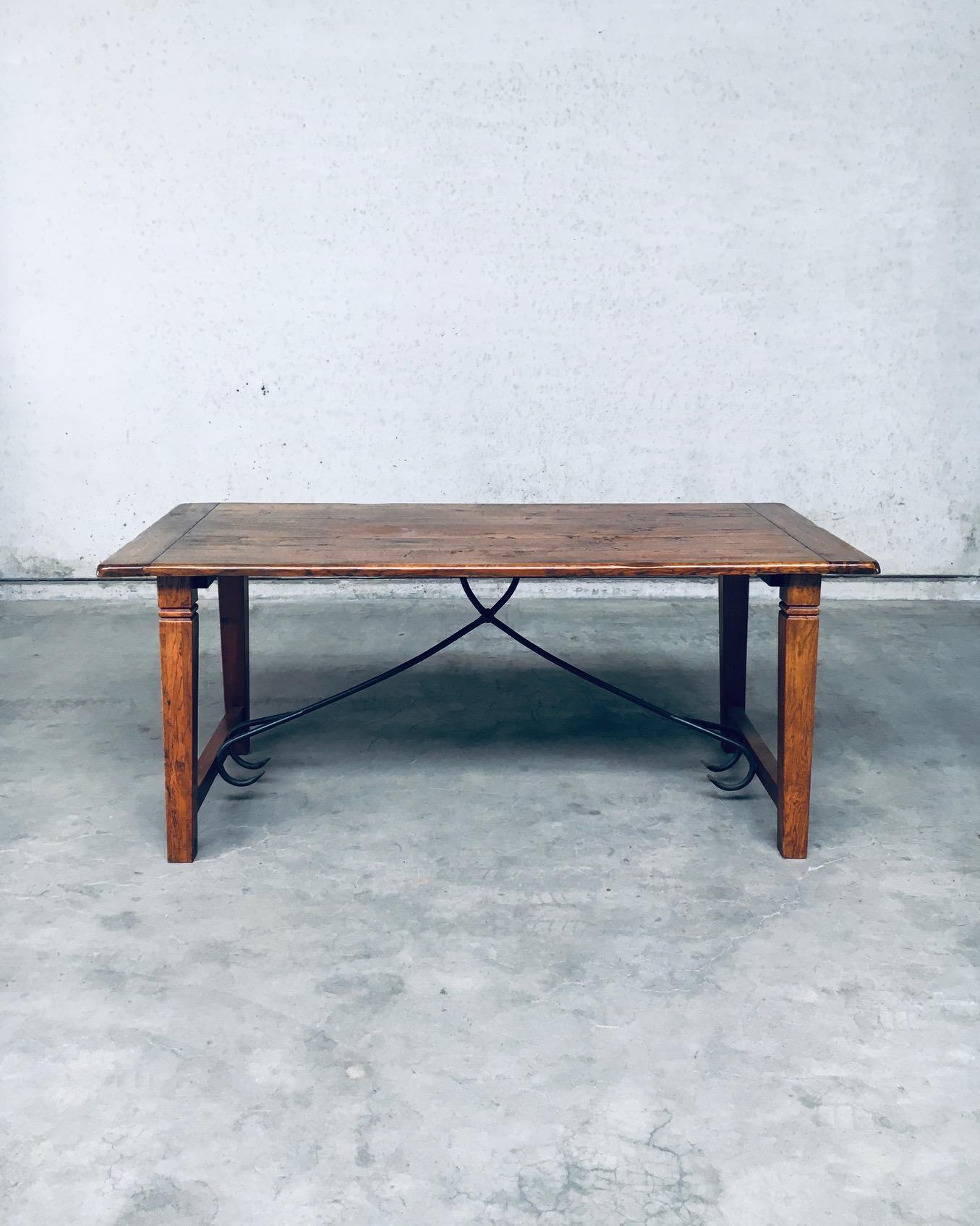 Mid-20th Century French Rustic Farmhouse Trestle Oak & Wrought Iron Dining Table, 1960s France