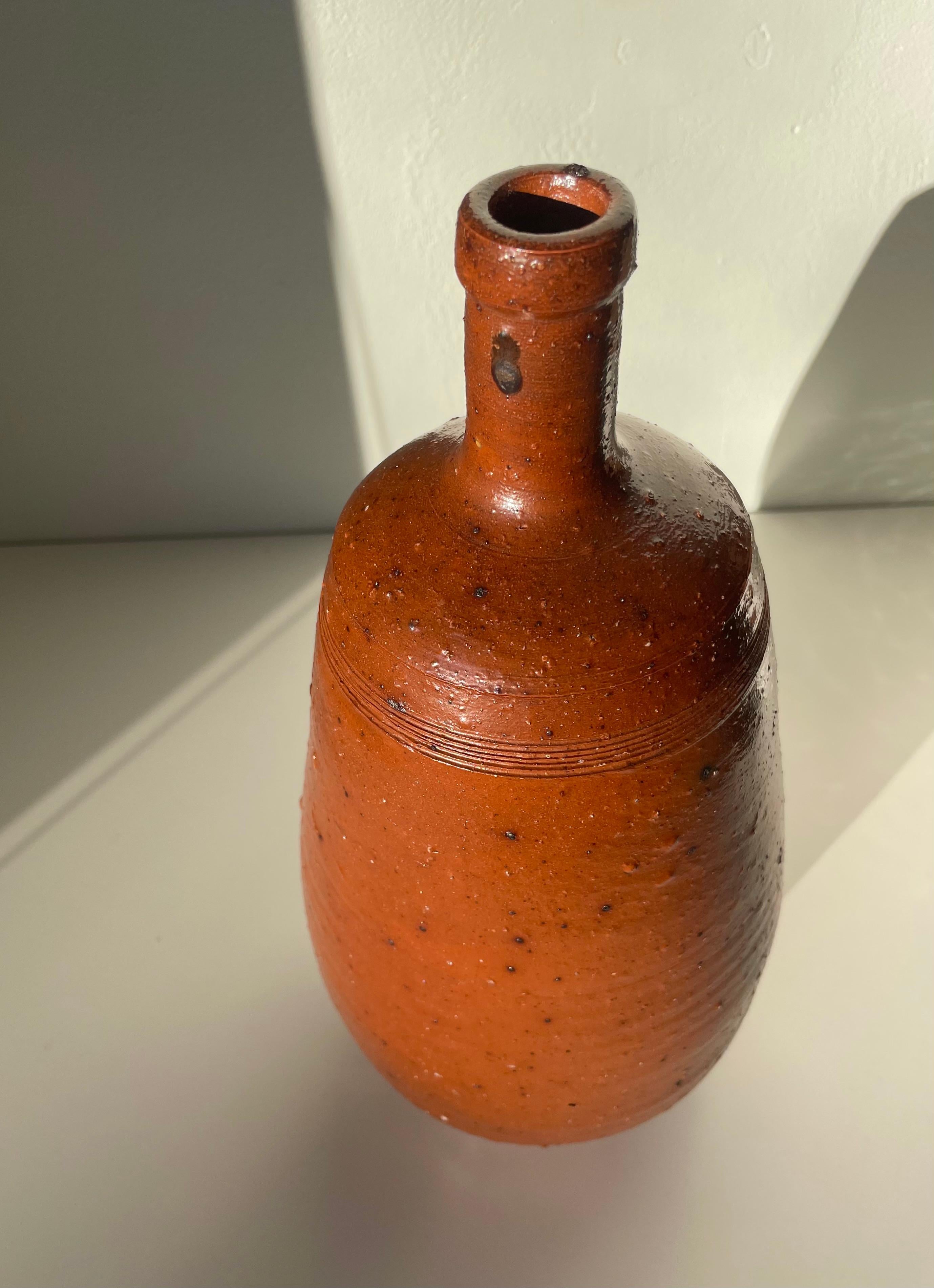 French Rustic Glazed Ceramic Brown Bottle Vase, 1930s For Sale 9