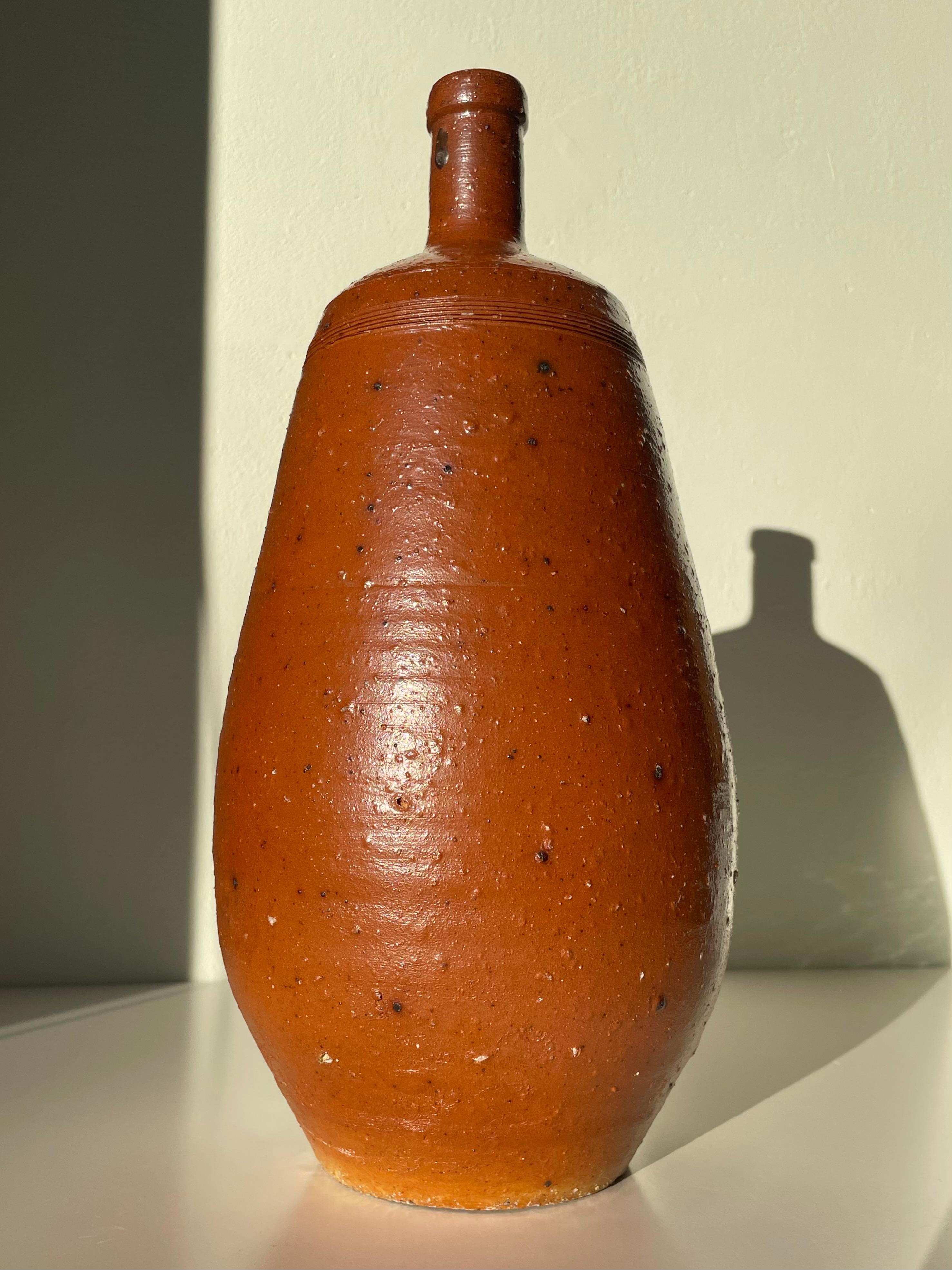 20th Century French Rustic Glazed Ceramic Brown Bottle Vase, 1930s For Sale