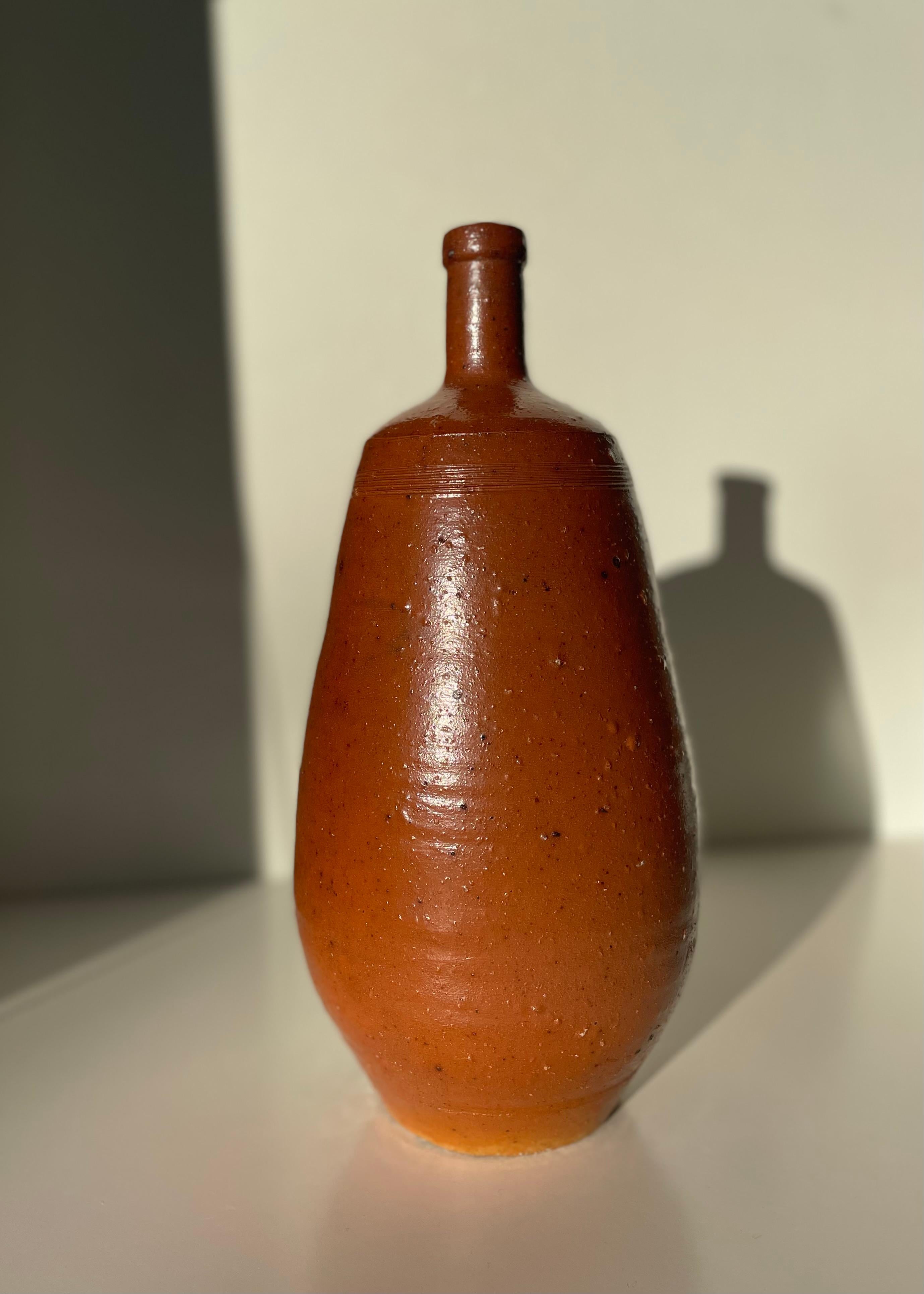French Rustic Glazed Ceramic Brown Bottle Vase, 1930s For Sale 3