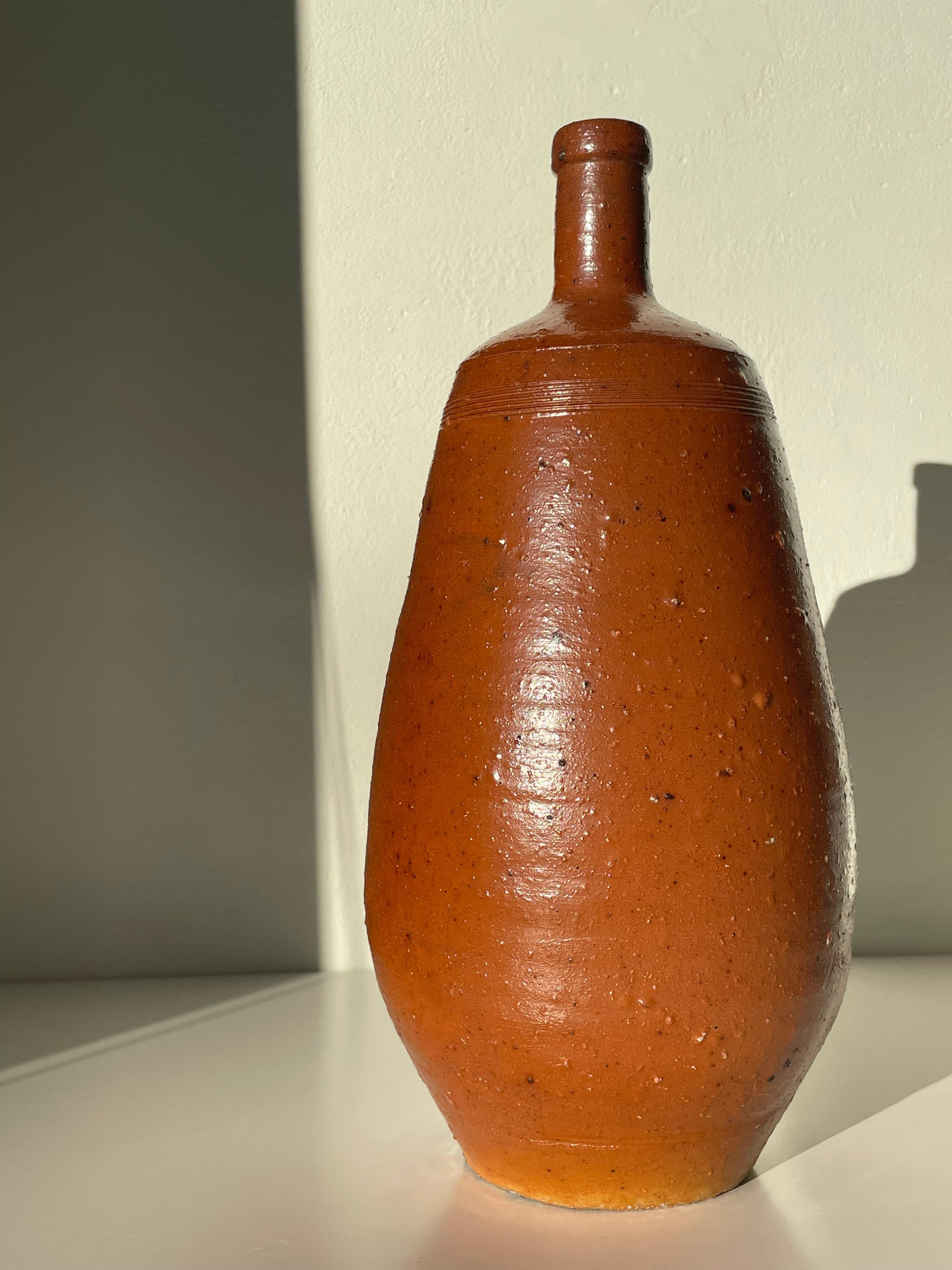 French Rustic Glazed Ceramic Brown Bottle Vase, 1930s For Sale 4