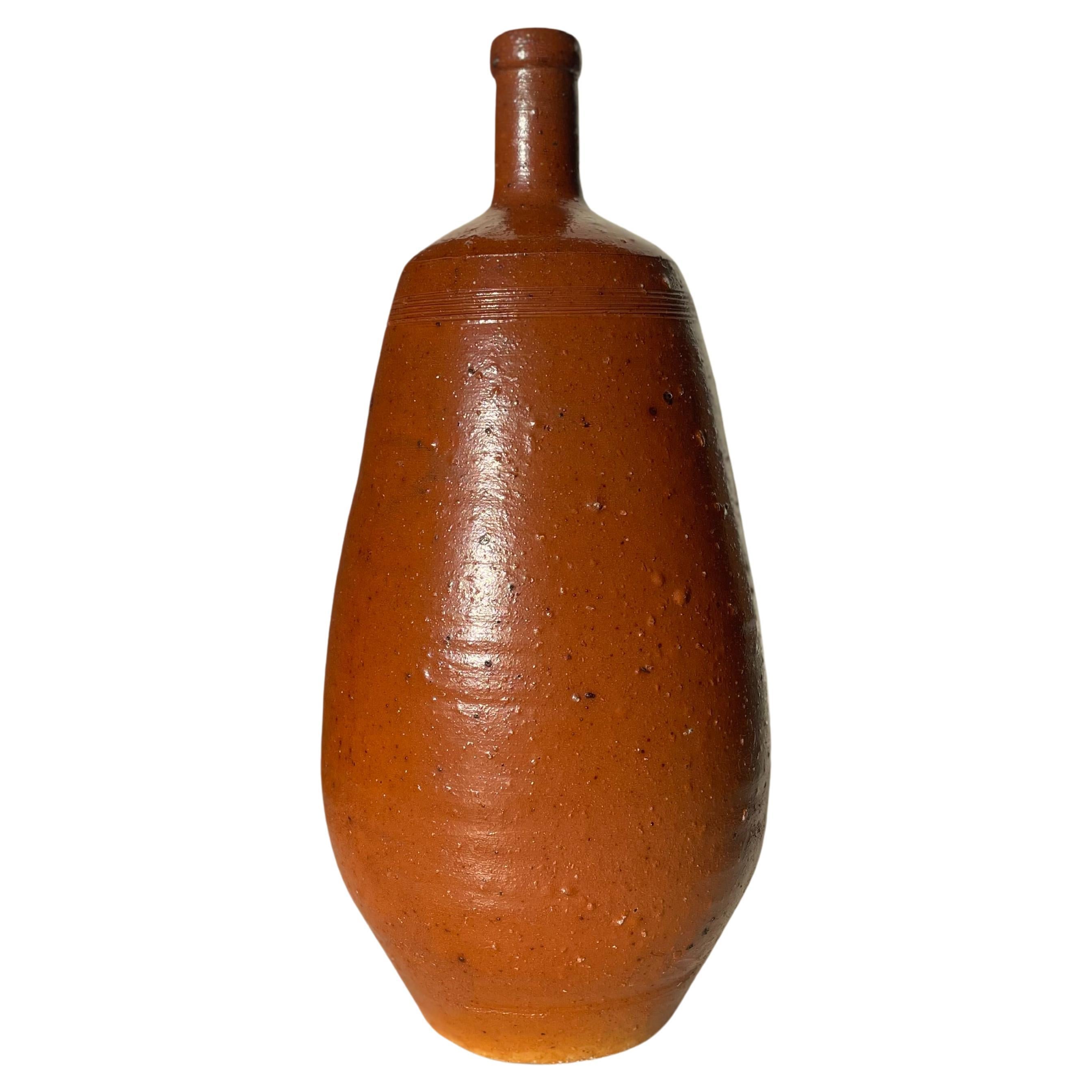 French Rustic Glazed Ceramic Brown Bottle Vase, 1930s For Sale