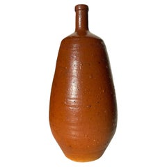 Antique French Rustic Glazed Ceramic Brown Bottle Vase, 1930s