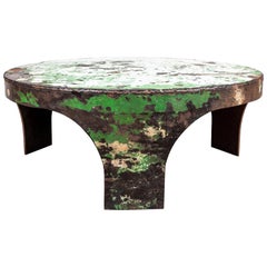 French Rustic Metal Round Coffee Table with Heavy Patina