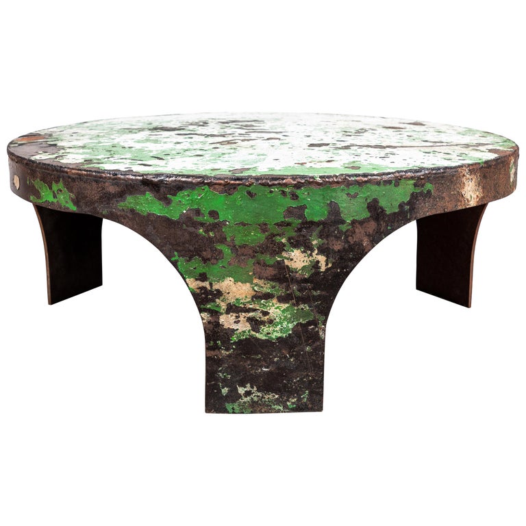 French Rustic Metal Round Coffee Table With Heavy Patina