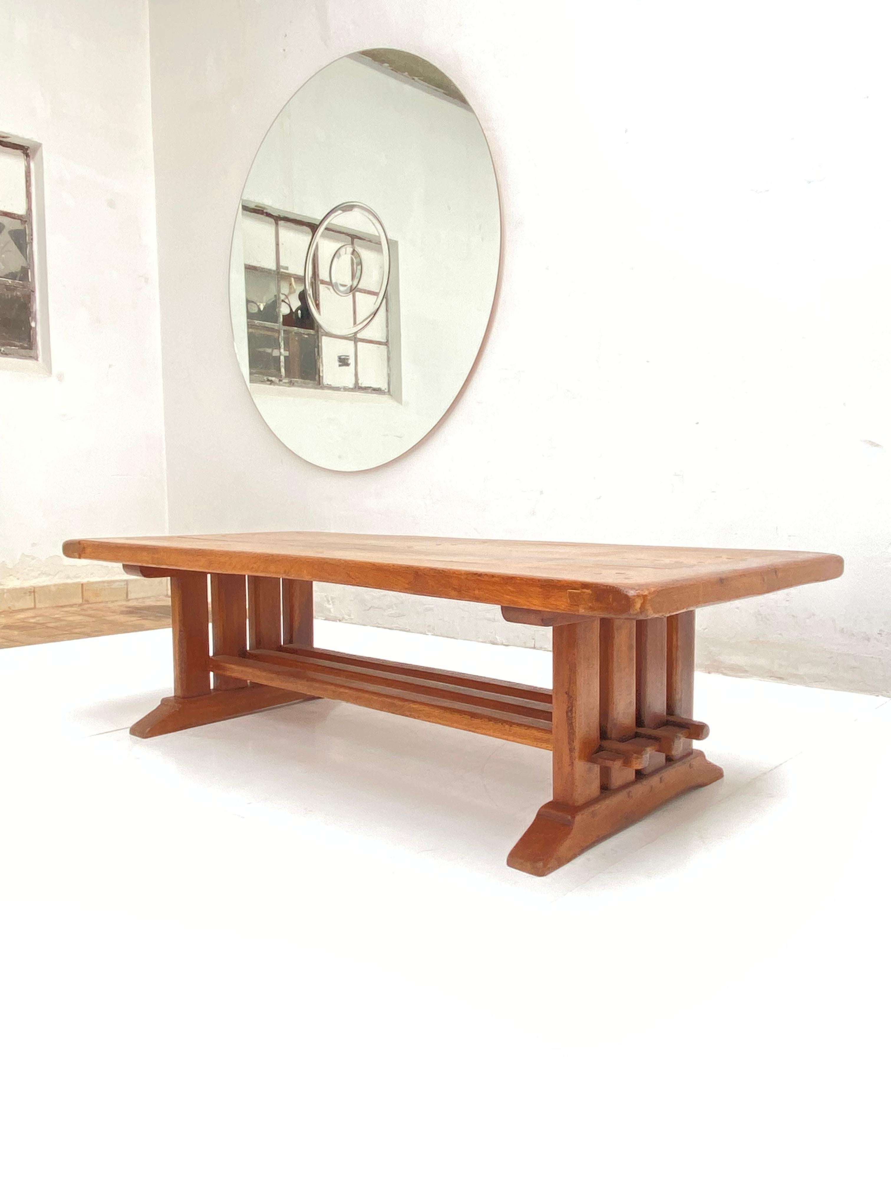 Solid Rustic Oak coffee table from the 1970's 

Handmade by a local carpenter shop probably in Belgium or France 

Nice details in the construction and rustic details in the oak

Very sturdy construction so it can also be used as a large wide