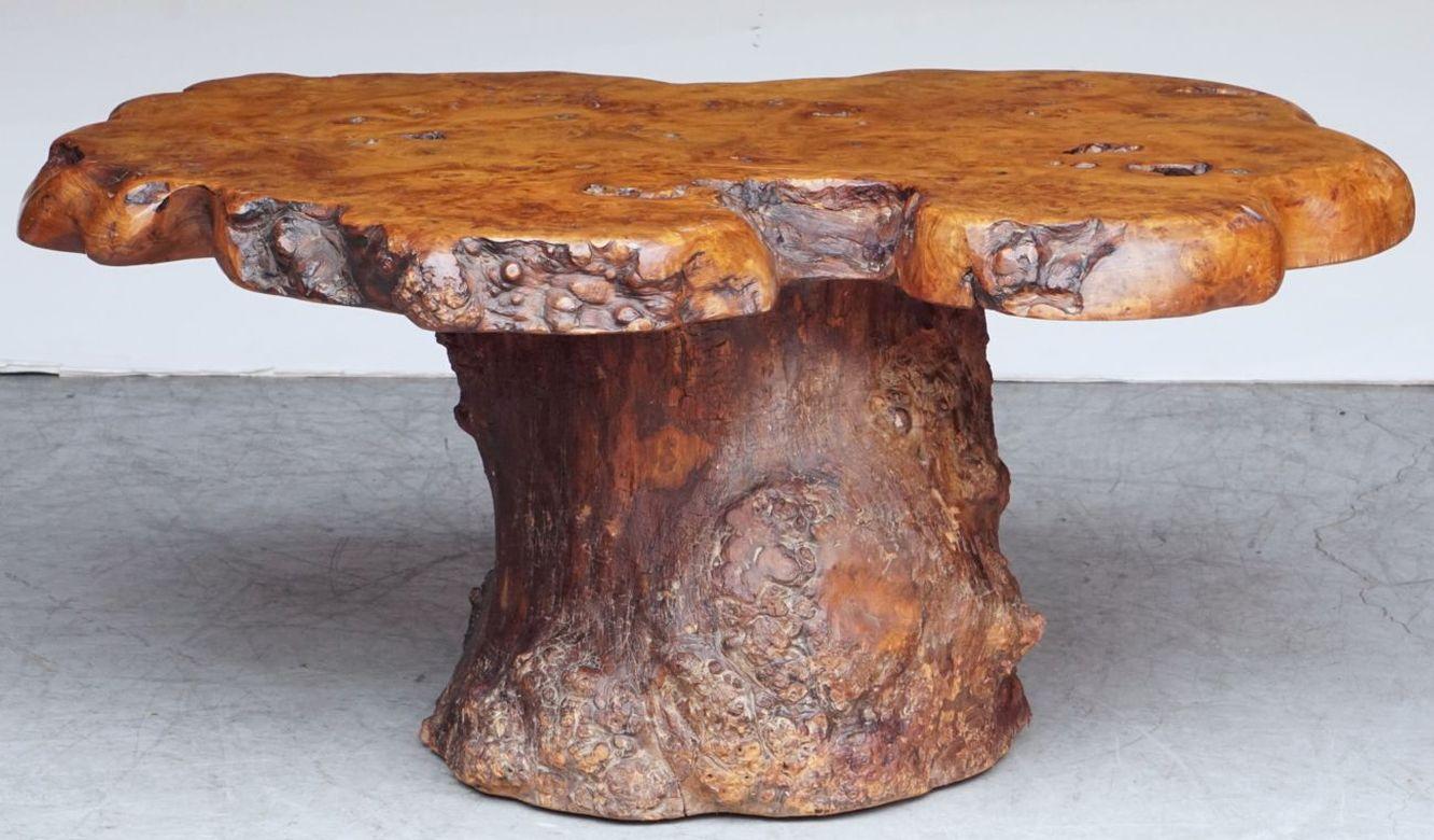 A fine French coffee or low cocktail table of burled walnut featuring a naturalistic or rustic top and base with a handsome patina.