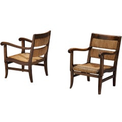 Französisches, rustikales Sesselpaar aus Binsen und Holz, 1950er Jahre