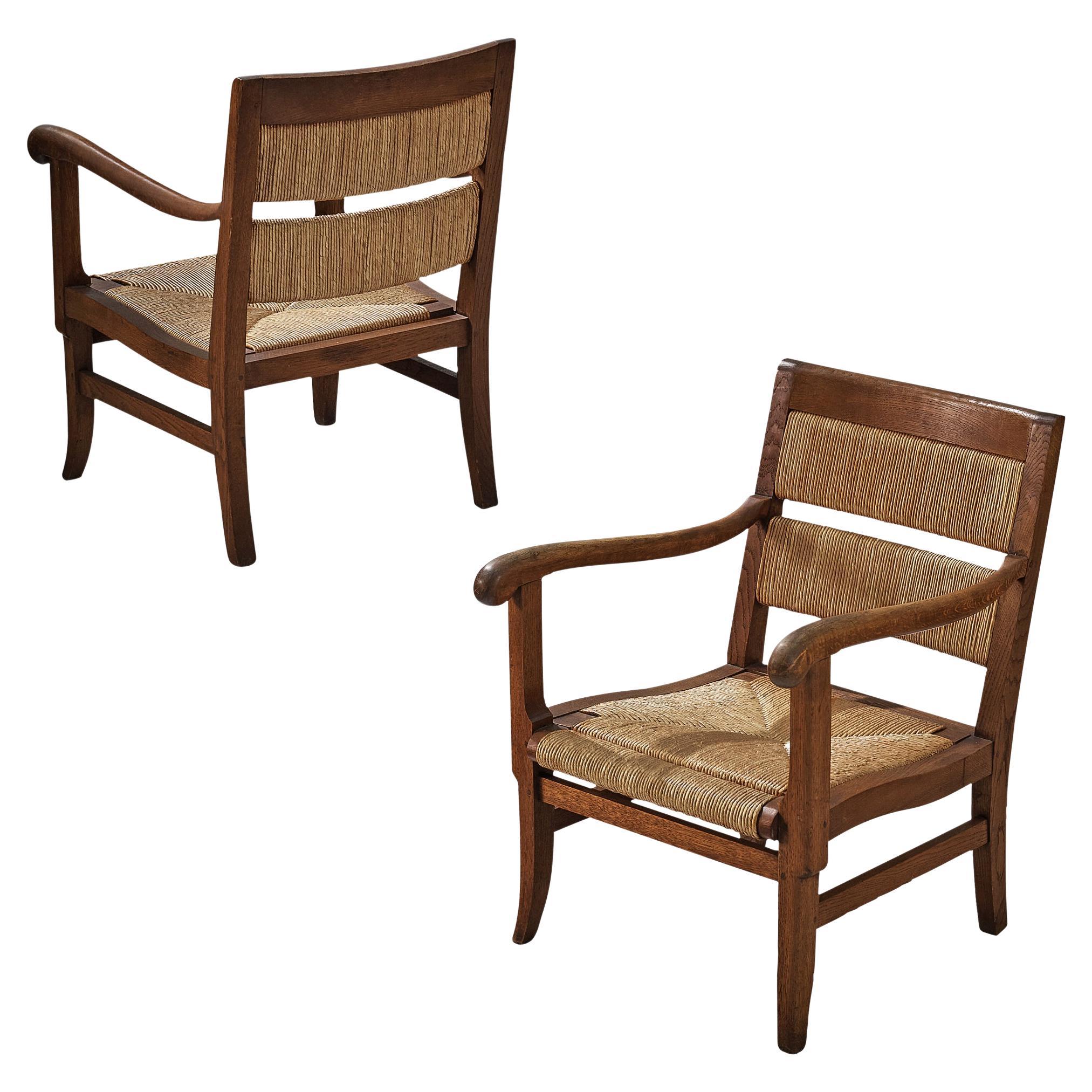 French Rustic Pair of Armchairs in Stained Oak and Straw
