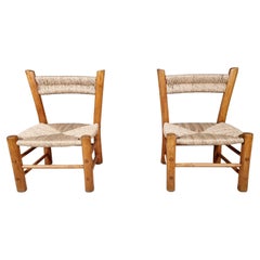 French Rustic Pair of Chairs in Elm Wood and Straw, 1960s