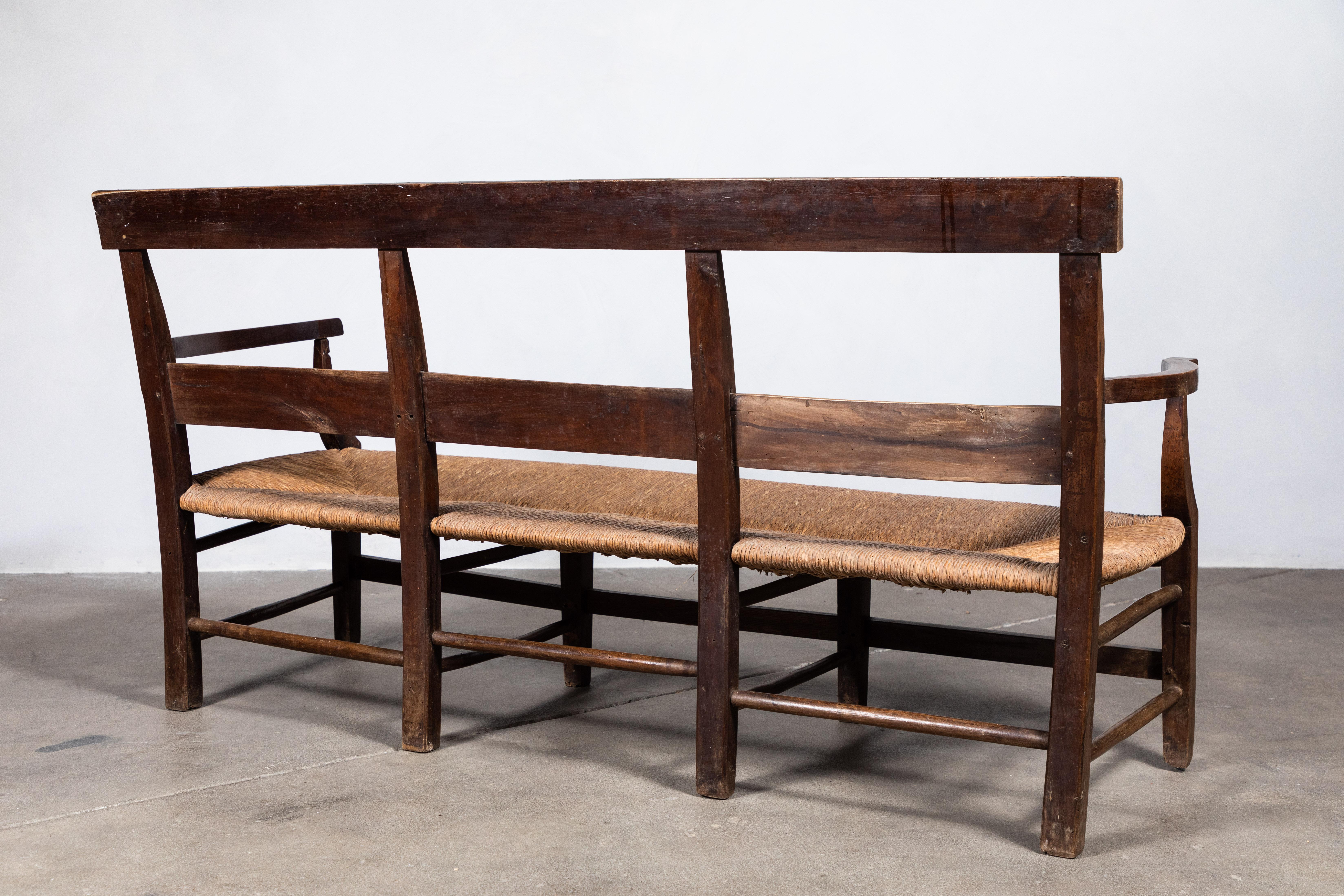Mid-20th Century French Rustic Rush Seat Ladder Back Bench