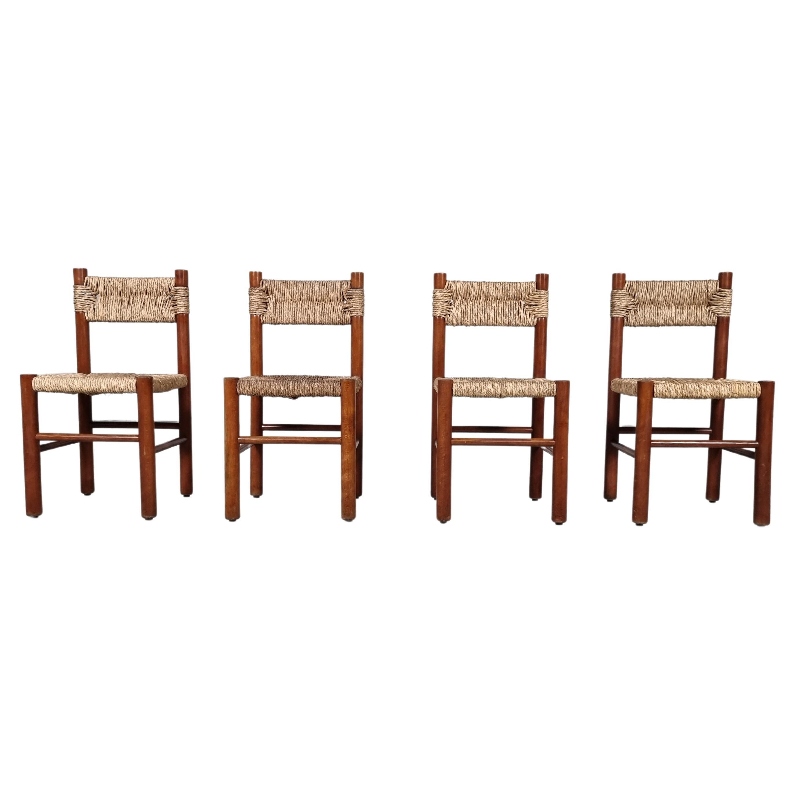 French Rustic set of 4 dining chairs in Wood and Straw, 1960s at 1stDibs