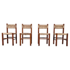 Ensemble rustique français de 4 chaises de salle à manger en bois et paille, années 1960