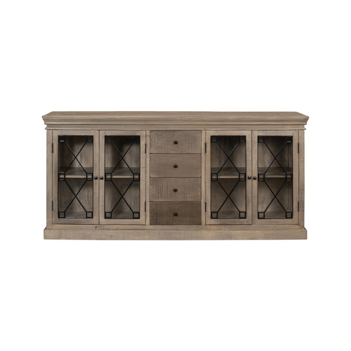 French rustic sideboard with a distressed greyed finish, glass doors for display and drawers for storage, old world style in a modern design.

Dimensions: 80