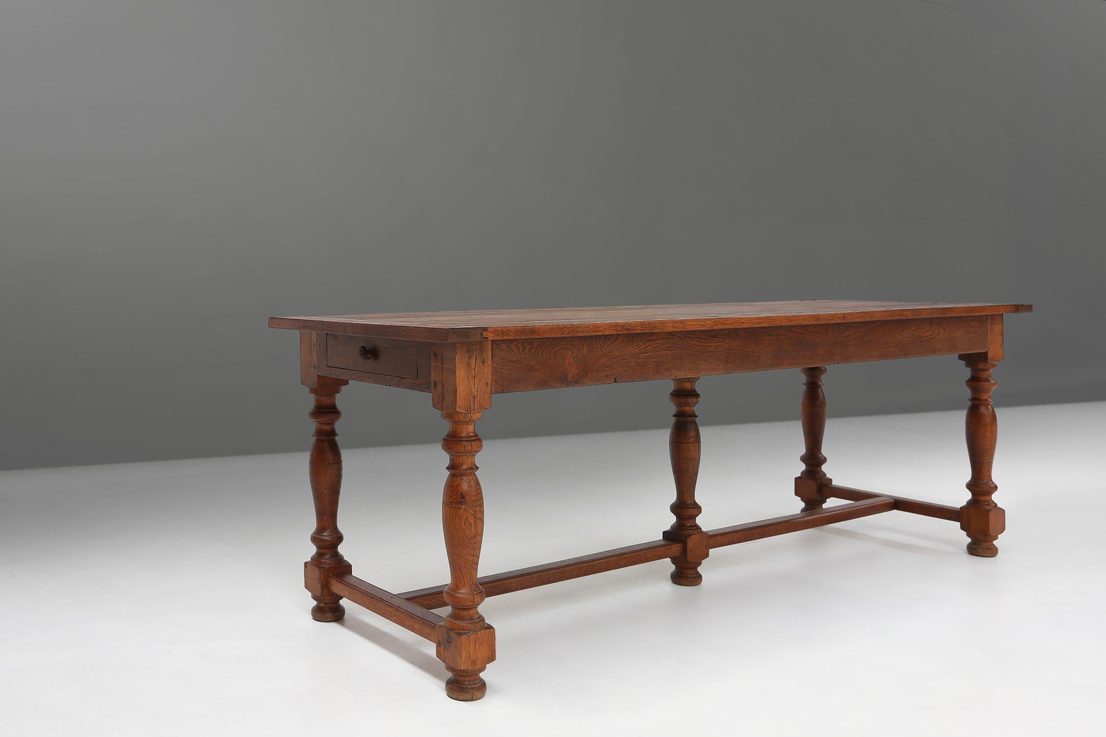 Belgian French rustic solid oak dining table 1930 For Sale