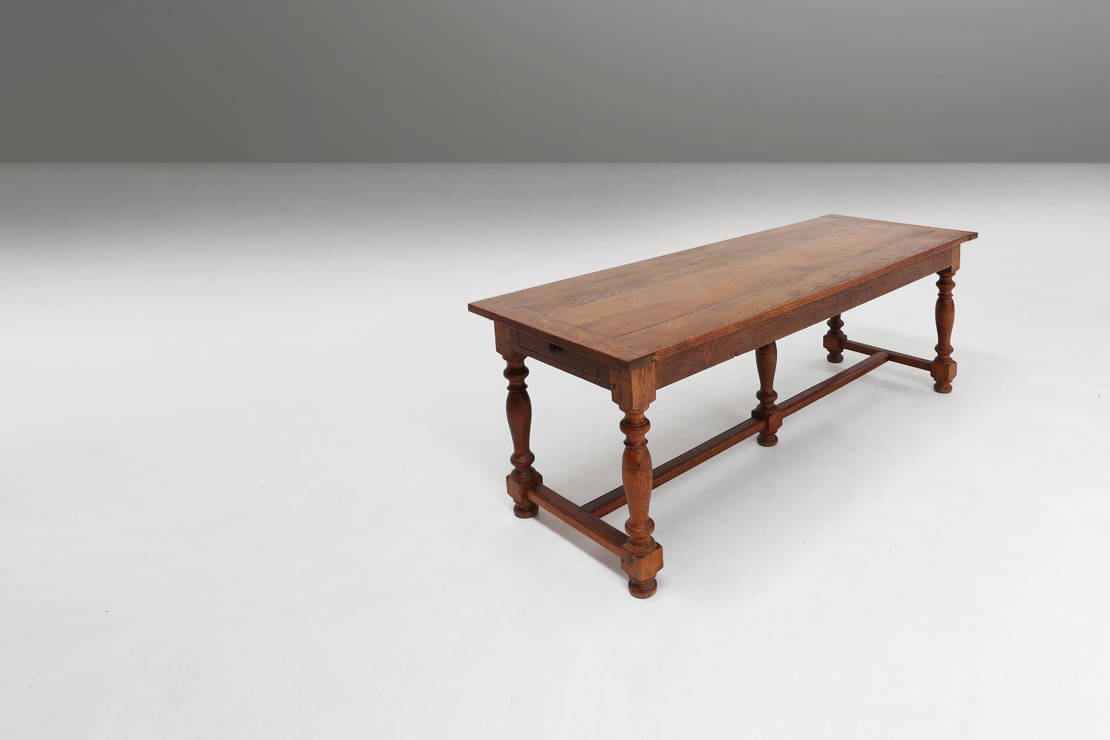 Oak French rustic solid oak dining table 1930 For Sale