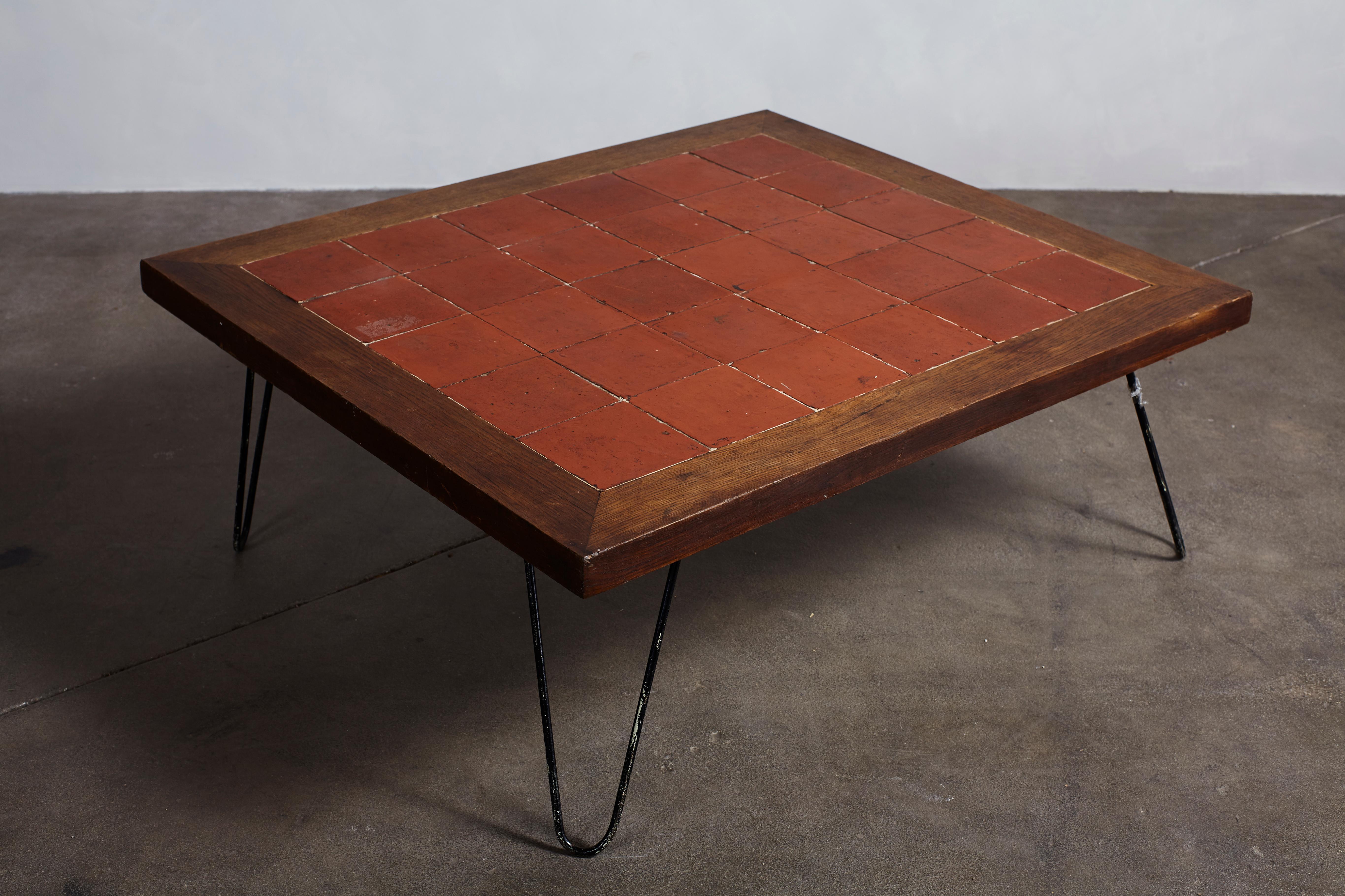 French Rustic Square Tile Table with Wood Frame on Hairpin Legs In Excellent Condition In Los Angeles, CA