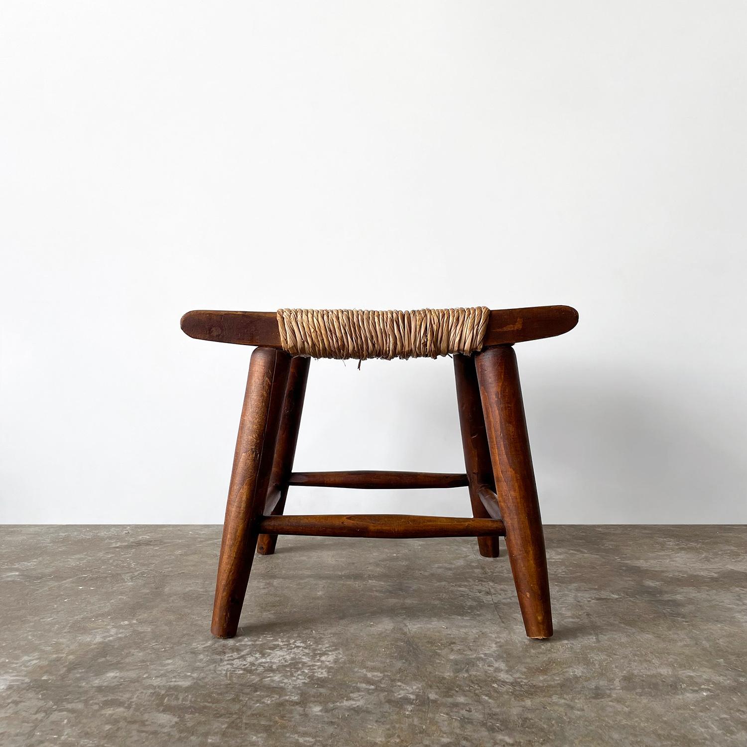 French rustic stool with rush seat
France, early 20th century
Handcrafted piece constructed of a sculpted wooden frame and woven rush seat
Wooden frame shows signs of wear and minor loss around the edges
Please reference photos
Patina from age and