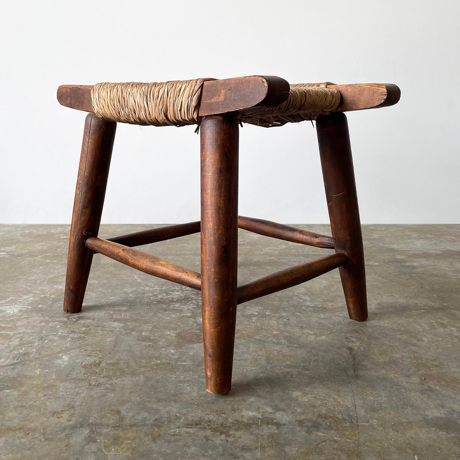 20th Century French Rustic Stool with Rush Seat